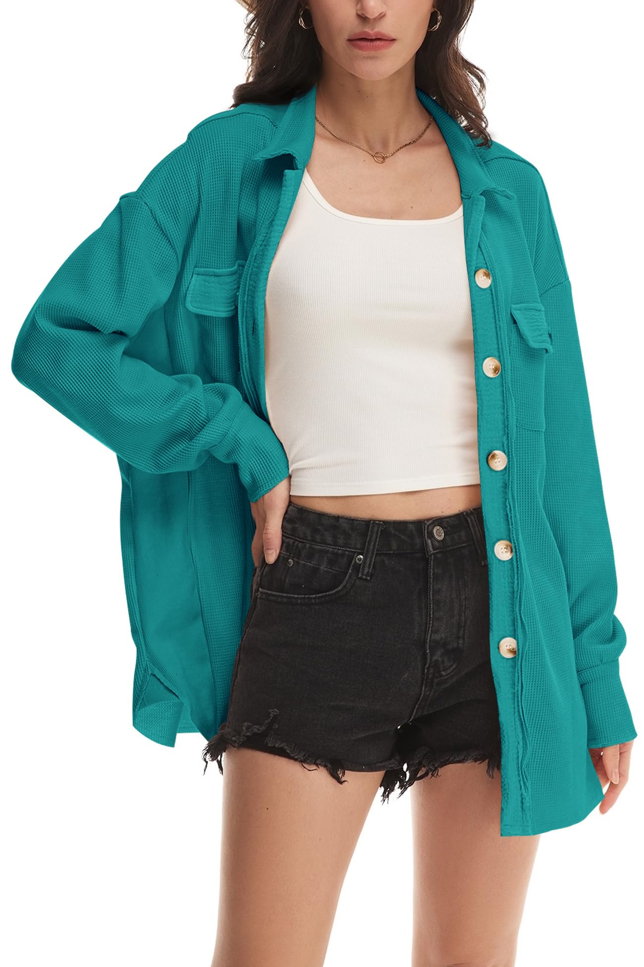 Nirovien Women's Waffle Knit Shacket - Oversized Button Down Shirt Jacket for Women, Lightweight Spring Cardigan Sweater for Casual Outfits | Perfect for Layering, Office Wear & Weekend Brunch
