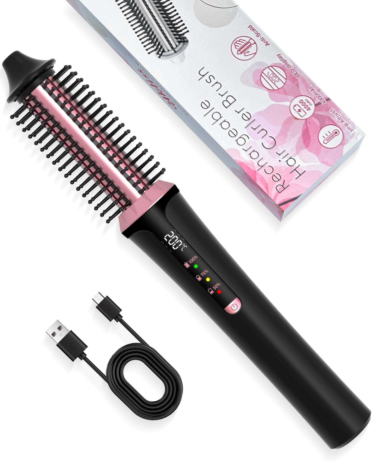 USB Rechargeable 3-in-1 Hot Brush for Hair Styling - 22mm Thermal Round Brush, Volumizer & Curl Brush with 3 Temperature Settings | Cordless Hair Straightener & Styling Tool for Home, Travel & Salon Use (Black)