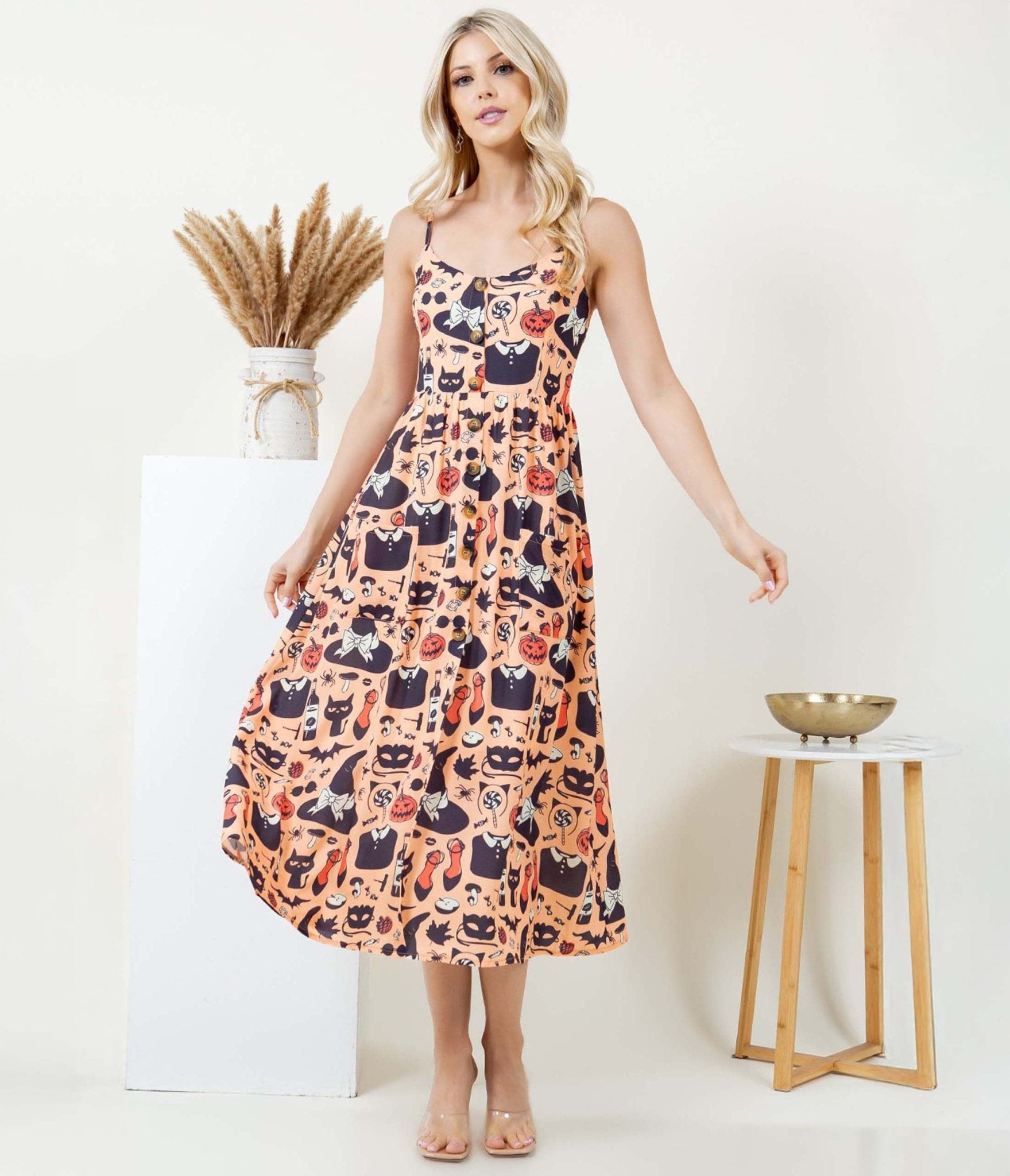 Orange Halloween Print Midi Dress - Floral Vintage A-Line Party Dress for Women | Perfect for Halloween Costumes, Fall Parties & Casual Wear