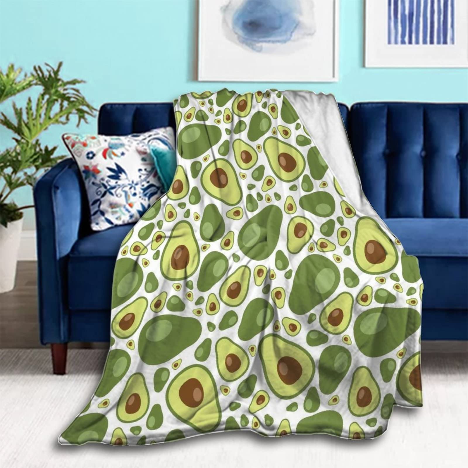 Lightweight Flannel Blanket - Small & Large Warm Throw Blanket with Avocado Pattern | Soft Fleece Blanket for Couch, Bed, Sofa & Chair | Queen & King Size (50x40 Inches) | Perfect for Fall Season, Cozy Home Decor & Gift Giving