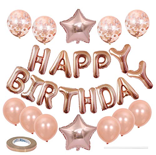 Rose Gold Happy Birthday Balloons & Confetti Decorations Set - 28Pcs Elegant Birthday Party Supplies for Women & Girls - Perfect for Birthday Celebrations, Baby Showers & Bridal Showers
