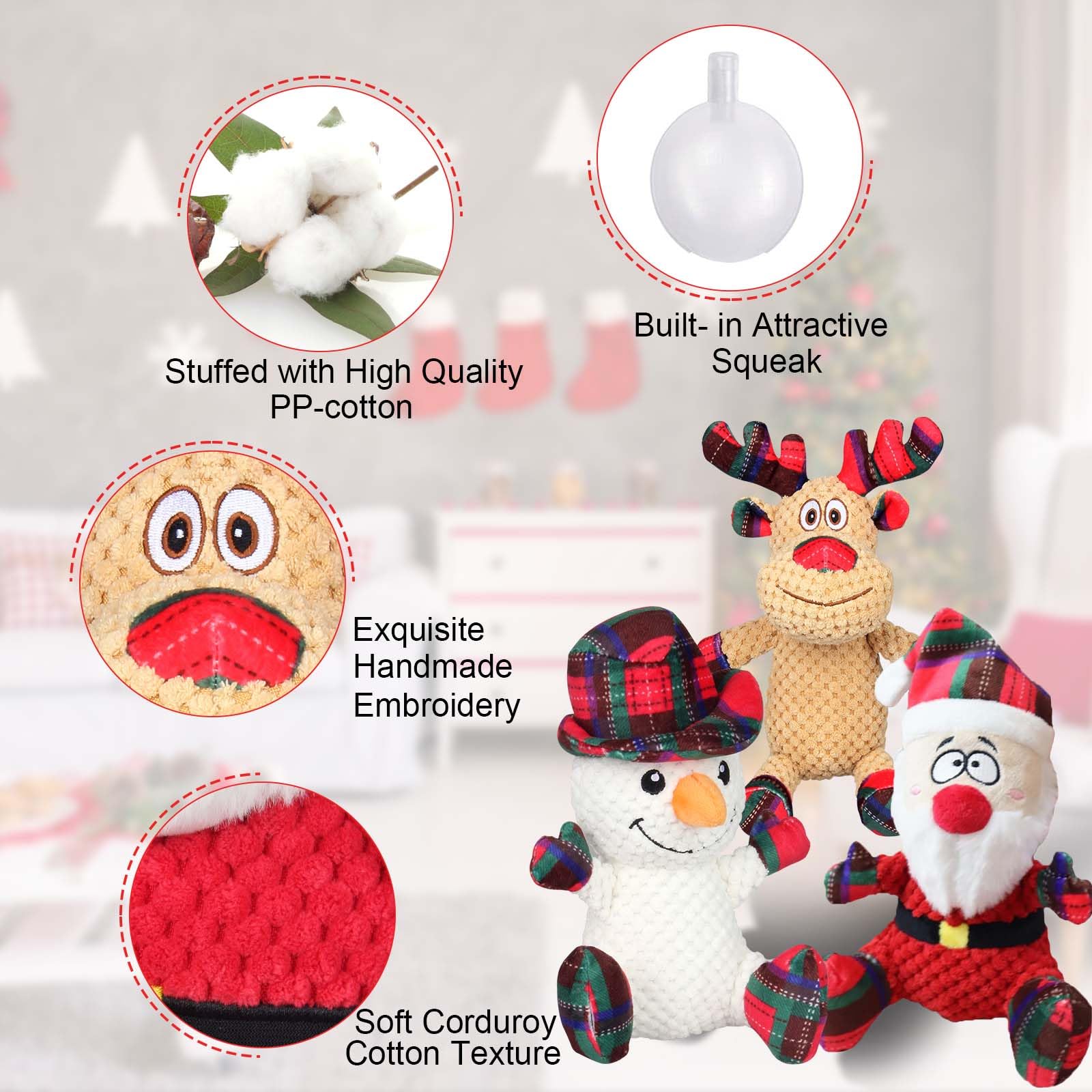 3 Pack Christmas Squeaky Dog Toys - Plush Chew Toys for Small & Medium Dogs, Puppy Teething Toys with Funny Squeaker for Playtime & Training - Perfect for Holiday Gifts, Birthday Presents & Interactive Play