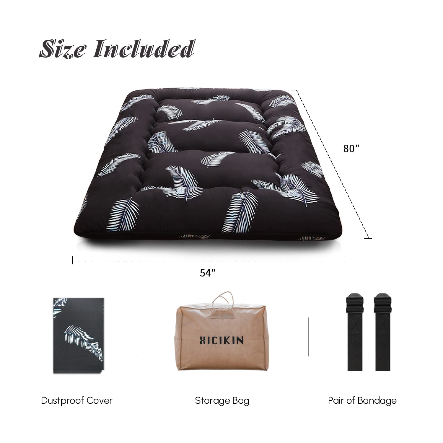 Japanese Futon Mattress - Foldable Floor Mattress with Washable Cover, Portable Tatami Mat for Camping, Travel & Guest Bedding (Black Feather, Full Size) | Perfect for Small Spaces, Sleepovers & Outdoor Adventures
