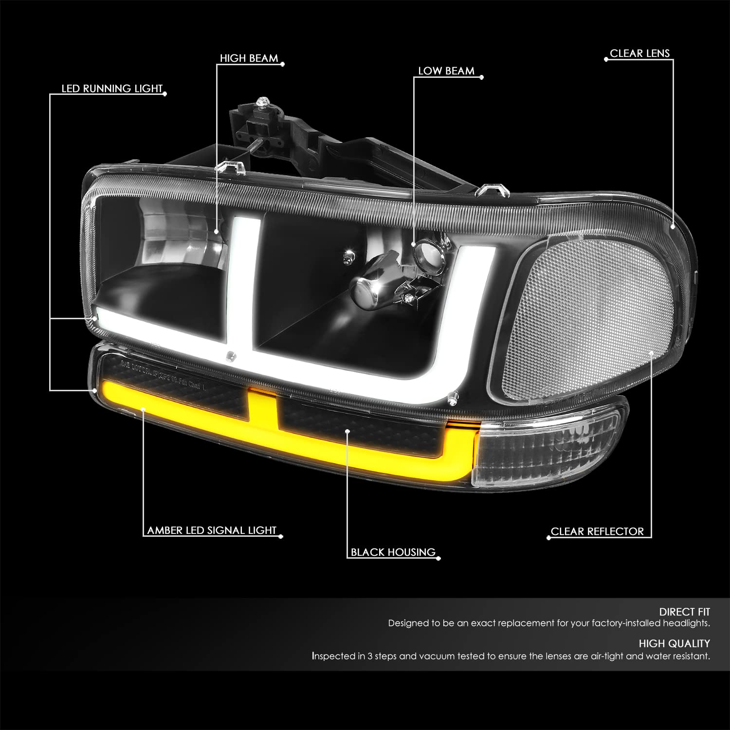 DNA MOTORING Black Headlights for 99-06 Sierra 1500 - Perfect for Night Driving