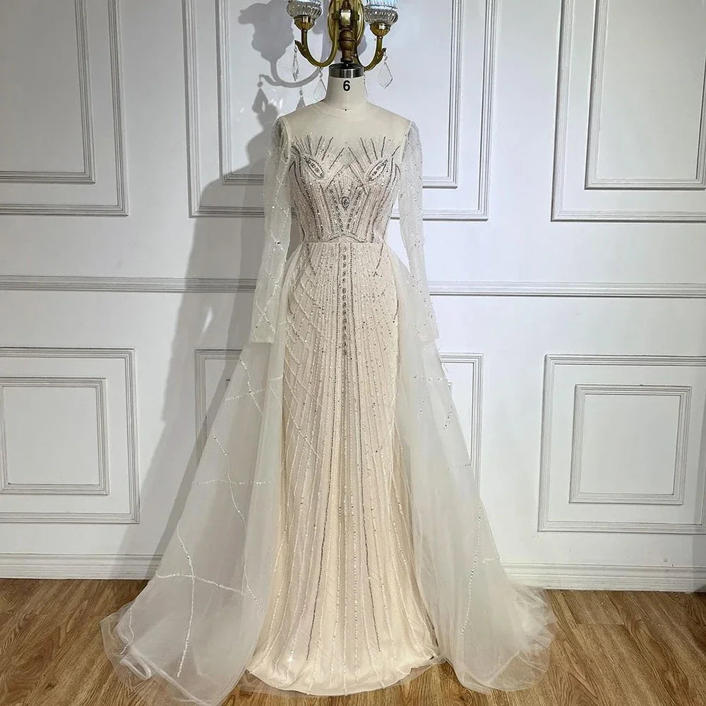 Serene Hill Muslim Beige Elegant Overskirt Mermaid Luxury Beaded Gold Evening Dresses Gowns 2025 For Women - Perfect for Weddings, Prom, Gala & Formal Events