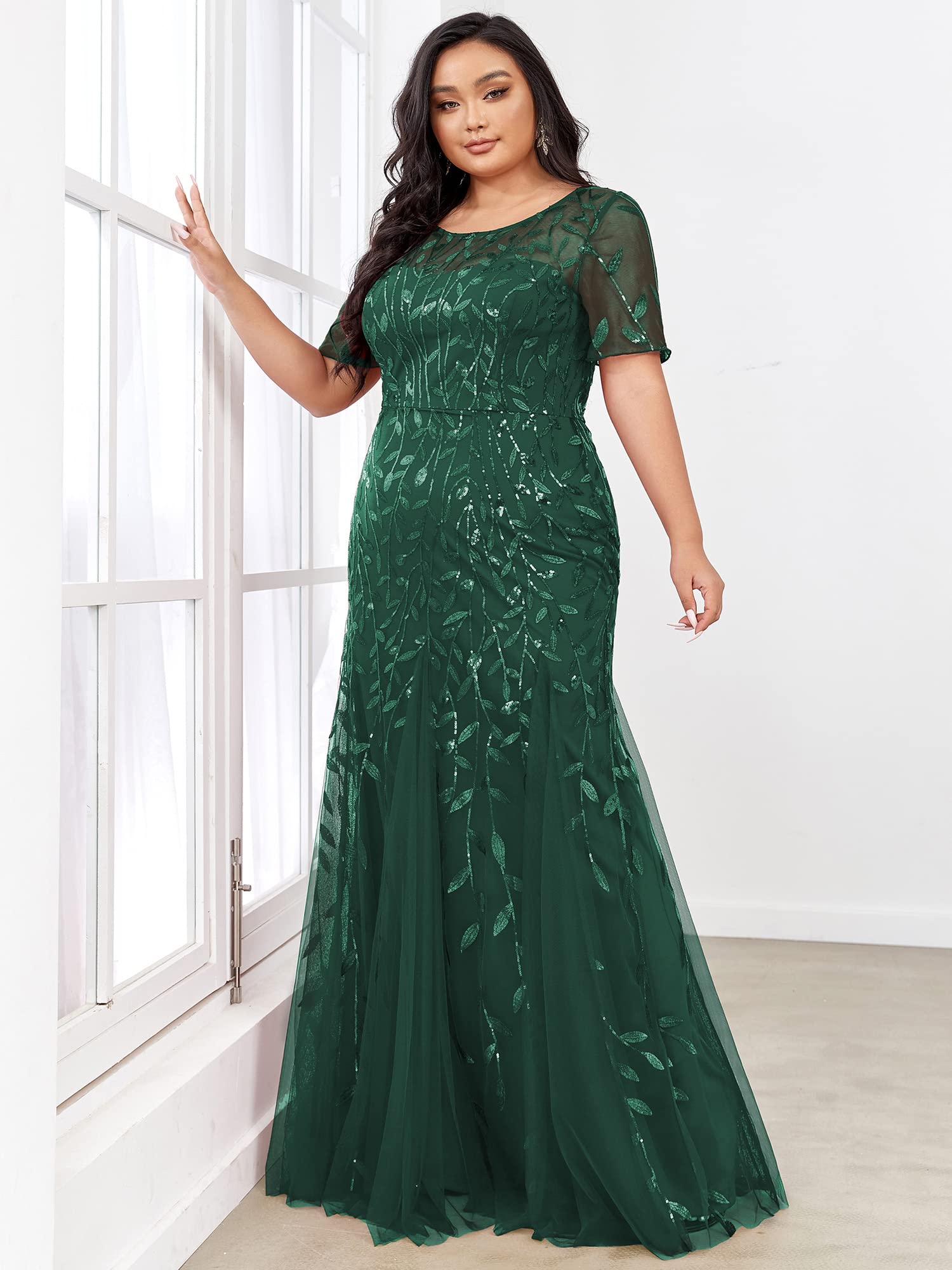 Ever-Pretty Women's Plus Size Embroidery Sequin Short Sleeve Bodycon Maxi Formal Dress 07707-PZUSA - Perfect for Evening Parties, Prom, Cocktail Events & Special Occasions