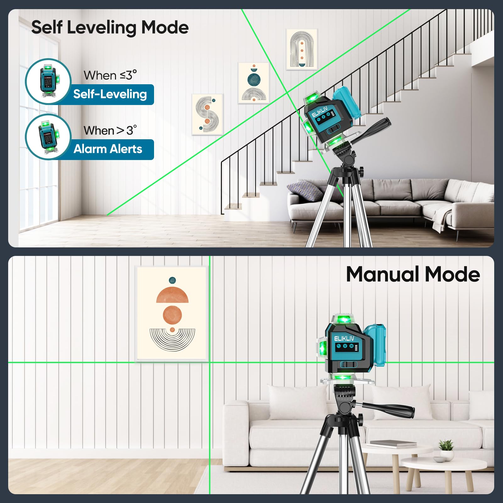 Elikliv 360 Self-Leveling Green Laser Level - 200Ft Range, 4x360° Cross Line Laser Tool for Construction & Picture Hanging | Rechargeable Battery (16Hrs) | Perfect for Home Renovation, Tile Installation and DIY Projects