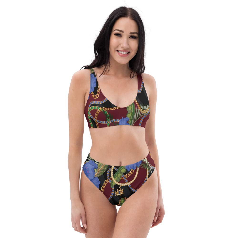 Eco-Friendly High Waisted Bikini Set for Women - Floral & Striped Swimwear in Blue, Maroon & Black | Perfect for Beach Vacations, Pool Parties & Summer Getaways