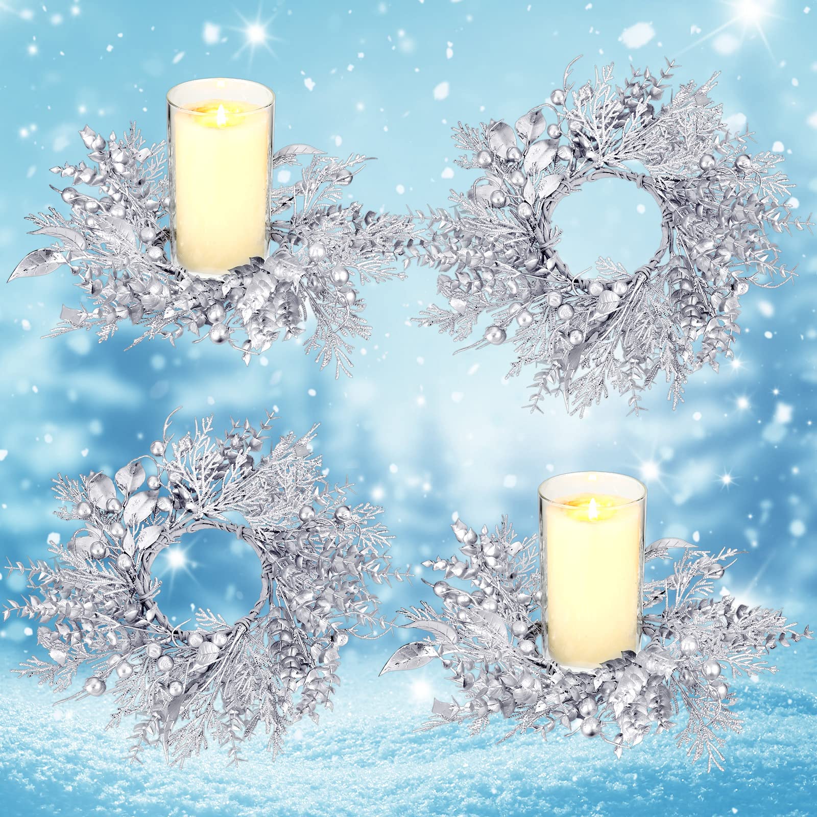 4-Piece Christmas Candle Rings Set - Mini Holiday Wreath Decorations for Candles, Tables, and Fireplace Mantels - Perfect for Christmas, Weddings, Parties, Living Room & Dining Table Decor (Twigs Design)