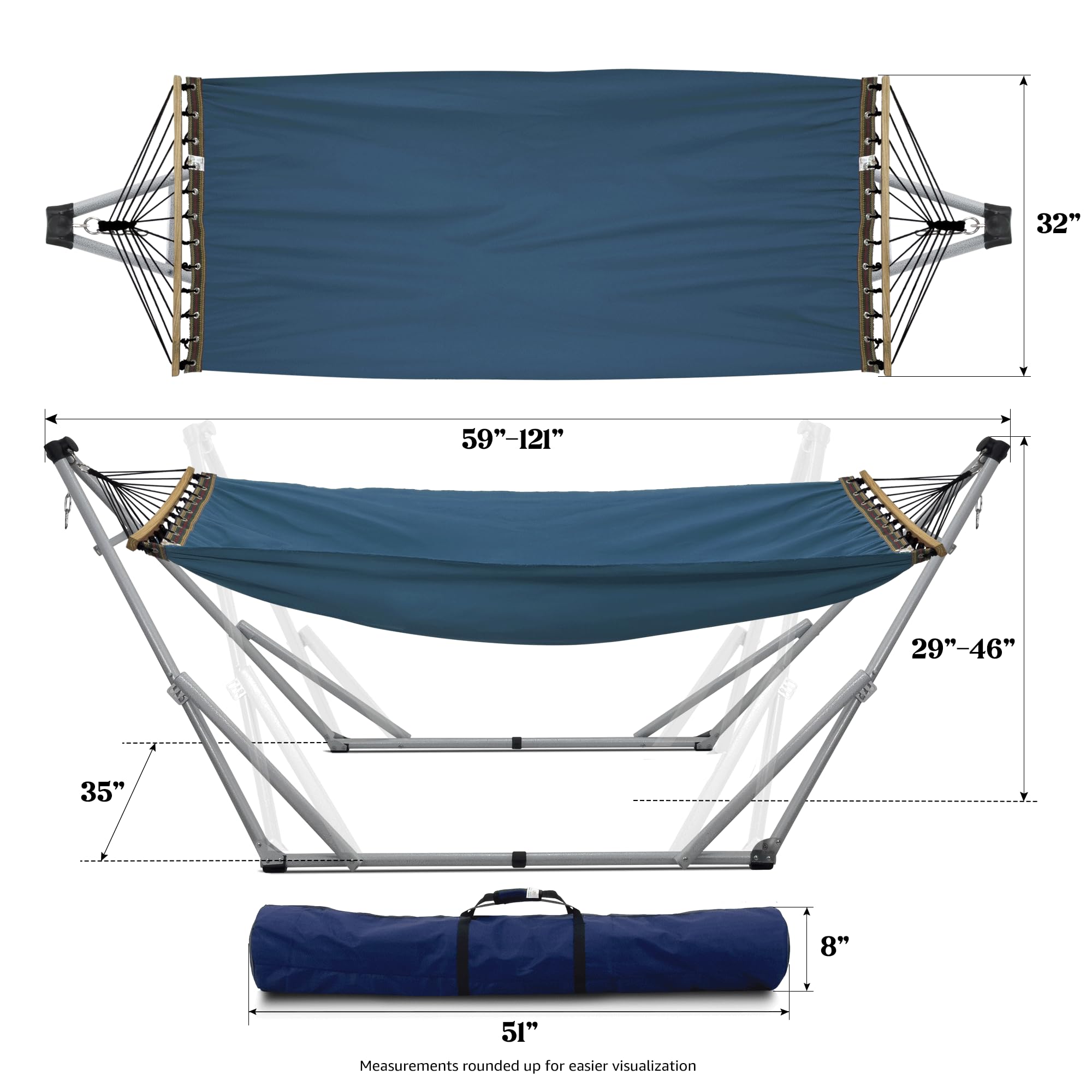 Tranquillo Portable Hammock Stand with Canvas Hammock - Foldable Steel Frame Supports 600 lbs, Includes Spreader Bar - Quick Setup in 30 Seconds (White/Blue) - Perfect for Backyard, Camping & Beach Relaxation