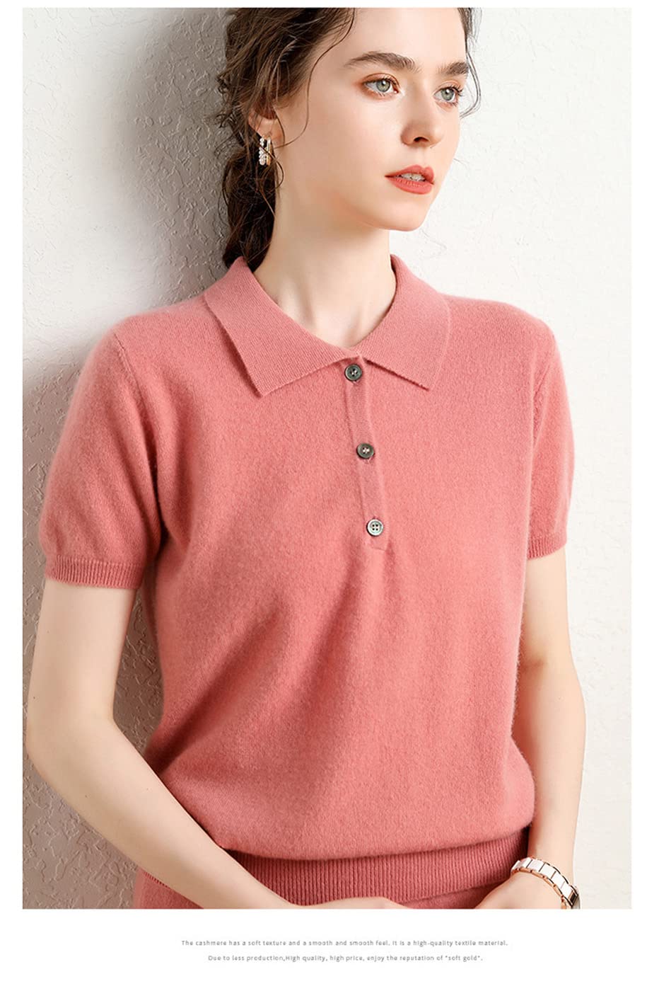 100% Pure Cashmere Women's Short Sleeve Polo Sweater - Soft & Luxurious Essential Pullover (Pink, Medium) | Perfect for Office Wear, Casual Outings & Special Occasions