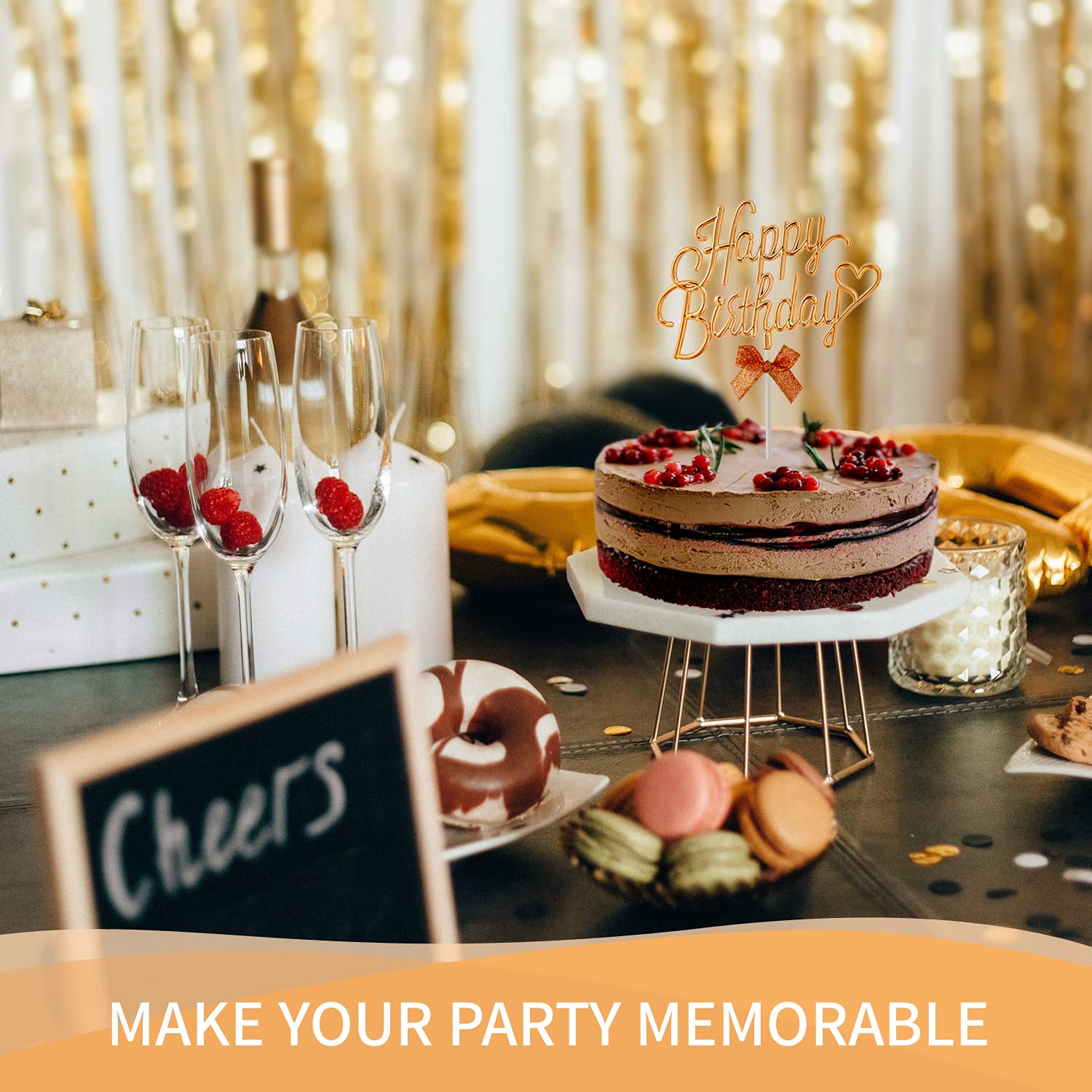 3D Gold Happy Birthday Cake Topper - Double Sided Cursive Sign with Bow for Birthday Cake Decorations | Perfect for Birthday Parties, Photo Booth Props & Celebration Decor (Gold)
