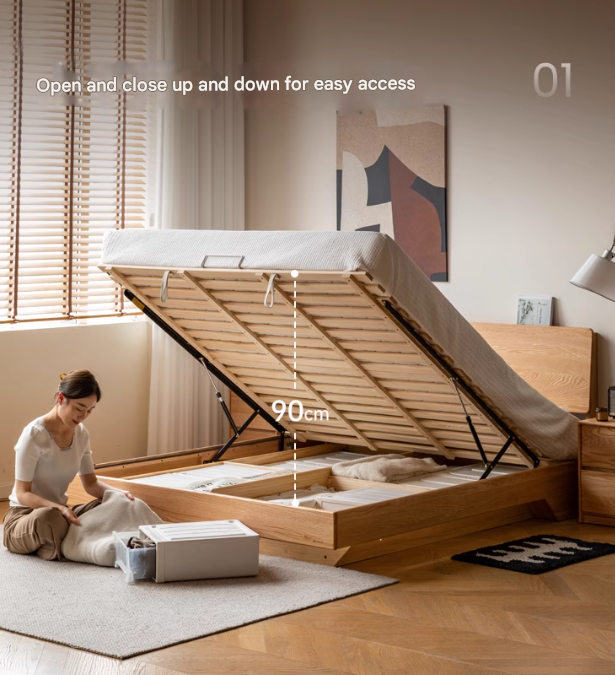 Solid Oak & Black Walnut Wood Floating Platform Bed with LED Lighting - Modern Bedroom Furniture for Contemporary Home Decor