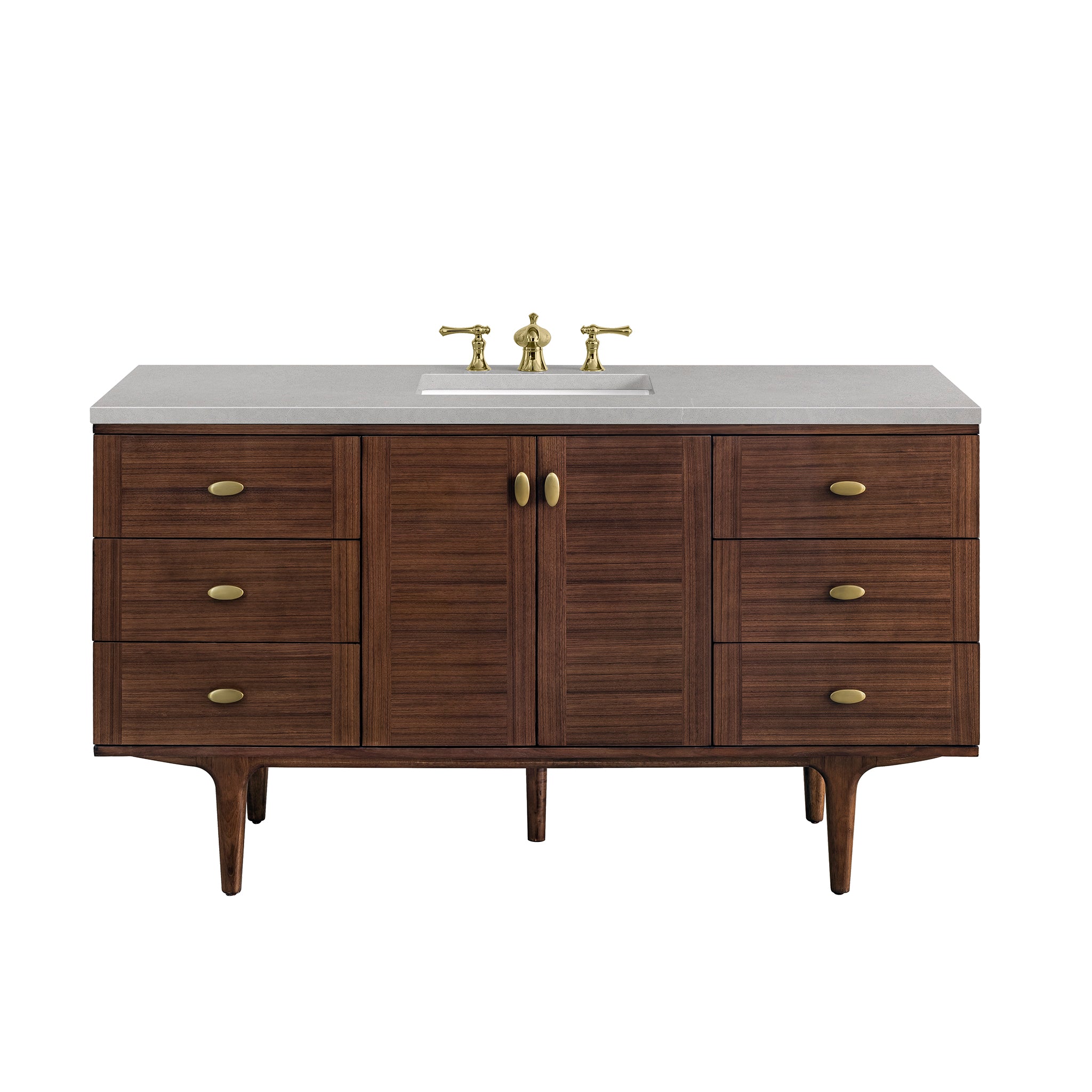 Amberly 60 Inch Single Bathroom Vanity with Mid Century Walnut Finish & 3CM Eternal Serena Stone Top - Perfect for Modern and Vintage Bathroom Decor