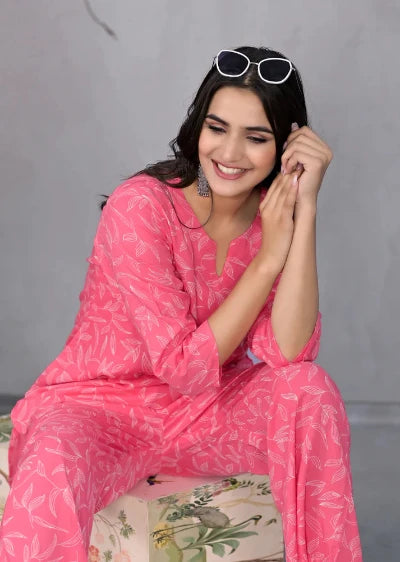 Stylish Pink Leafy Print Matching Co-Ord Set for Women | Trendy Lounge & Summer Outfit | Perfect for Casual Wear, Beach Vacation, and Instagram Fashion