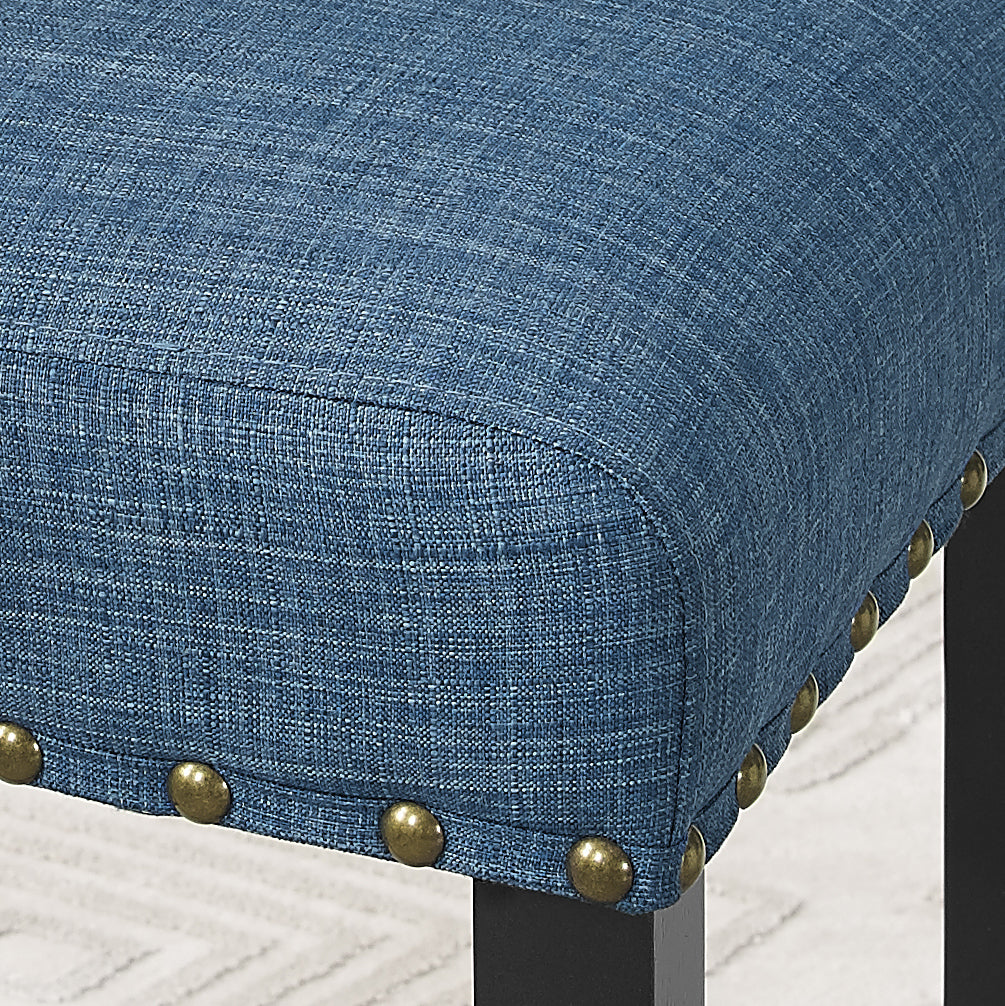 Roundhill Furniture Biony Espresso Wood Counter Height Dining Set with Blue Fabric Nailhead Stools - 4-Piece Kitchen Island Bar Set for Small Spaces, Breakfast Nook & Modern Home Decor