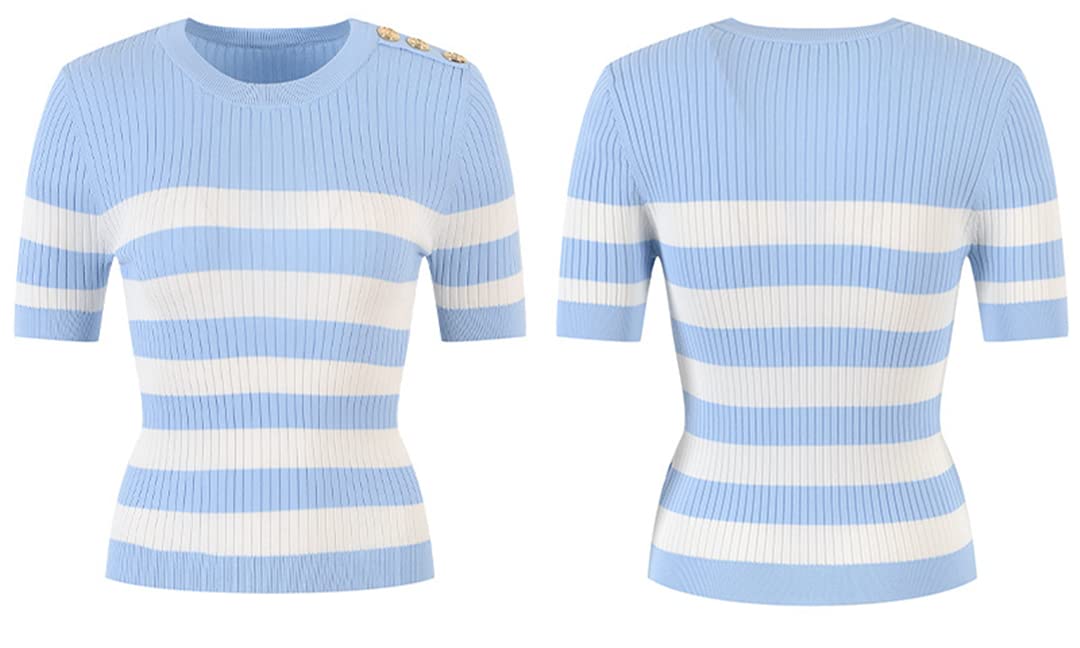 Women's Gold Button Short Sleeve Striped Knit Sweater - Loose Fit Casual Pullover Blue Top for Summer | Office Wear, Weekend Outfits & Beach Cover-Up