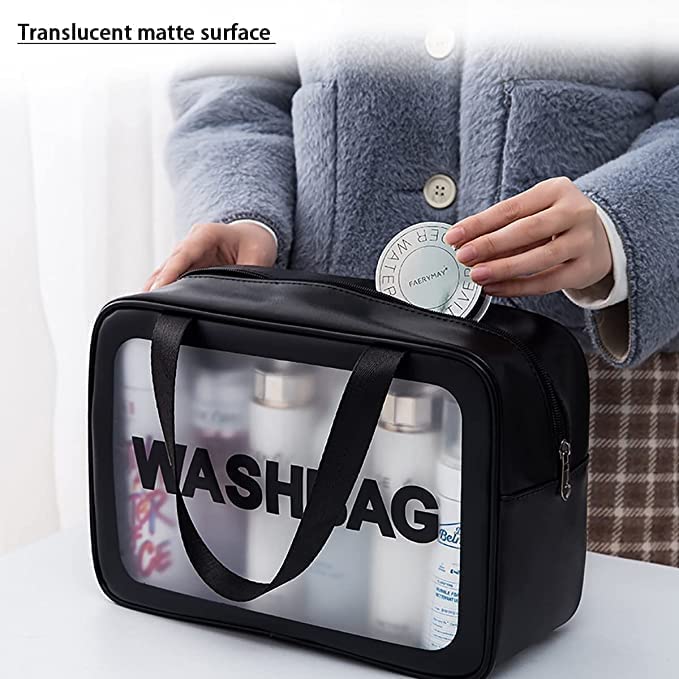 Waterproof PVC Clear Toiletry Bag with Zipper - Travel Cosmetic Makeup Organizer for Women & Men - Perfect for Gym, Beach, Camping & Airplane Carry-On (Black)
