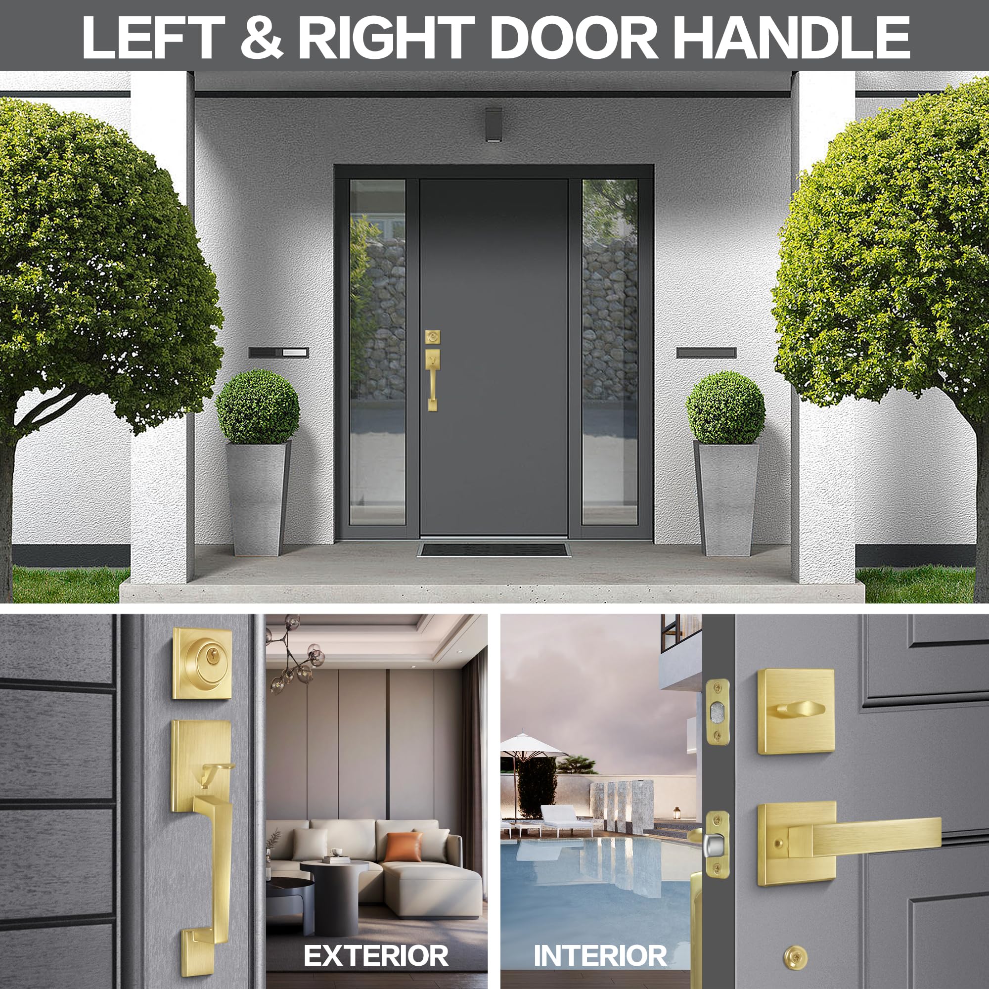 Satin Brass Square Front Door Handle Set with Single Cylinder Deadbolt & Low Half Lever - Secure Entry Door Lock for Home, Office & Apartment - Durable & Stylish Hardware for Exterior Doors