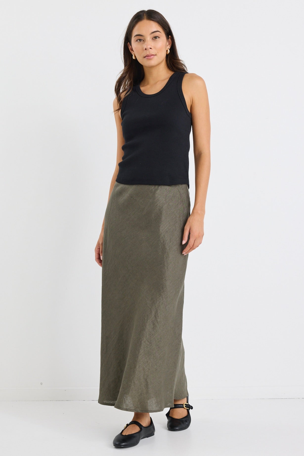 Bliss Khaki Linen Midi Skirt for Women - A-Line Bias Cut Summer Skirt with Pockets | Perfect for Beach Vacations, Brunch Dates & Casual Outings