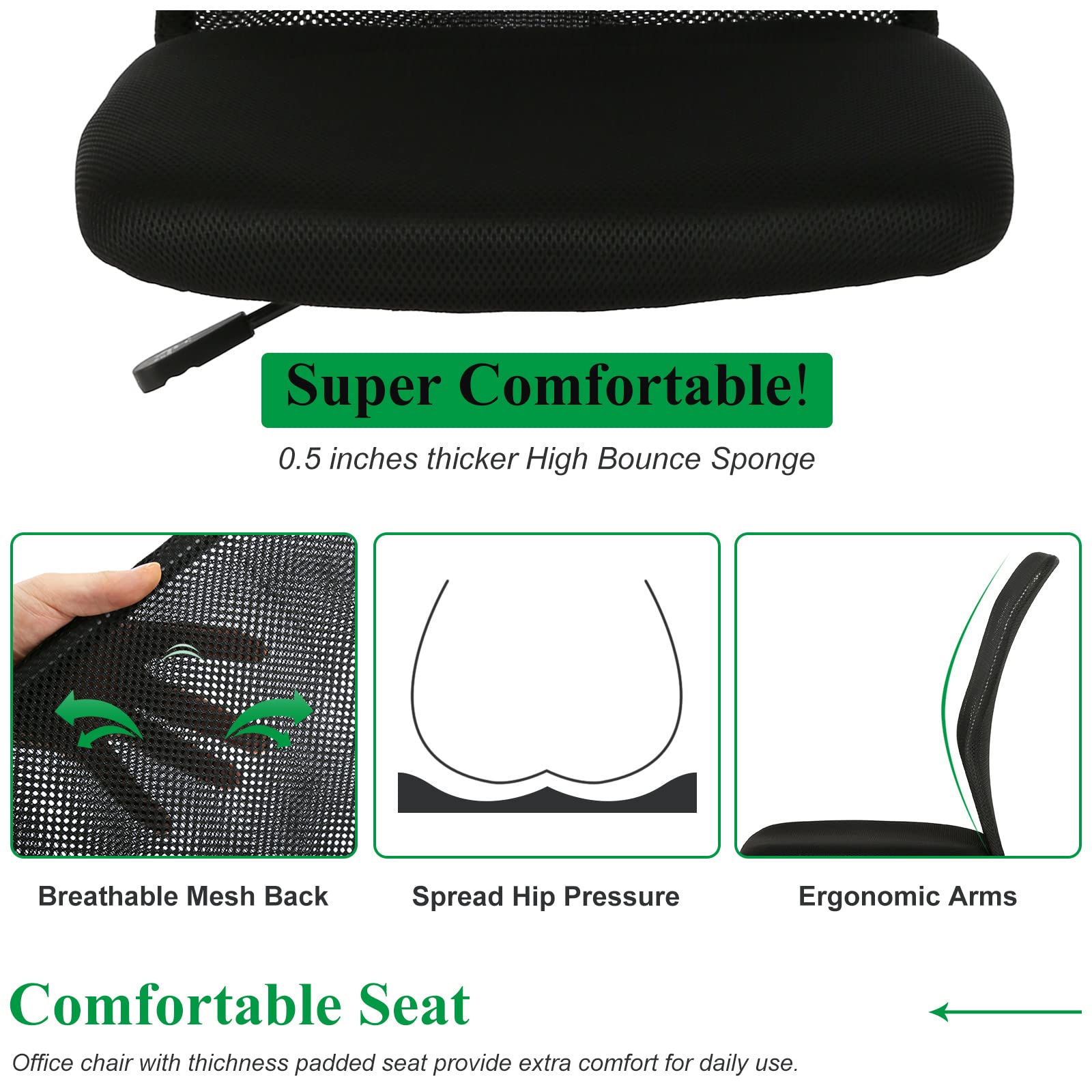Ergonomic Office Chair with Lumbar Support - Breathable Mesh Back, Adjustable Height & Swivel - Modern Executive Mid Back Rolling Computer Task Chair for Men & Women, Black - Perfect for Home Office, Gaming & Workspaces