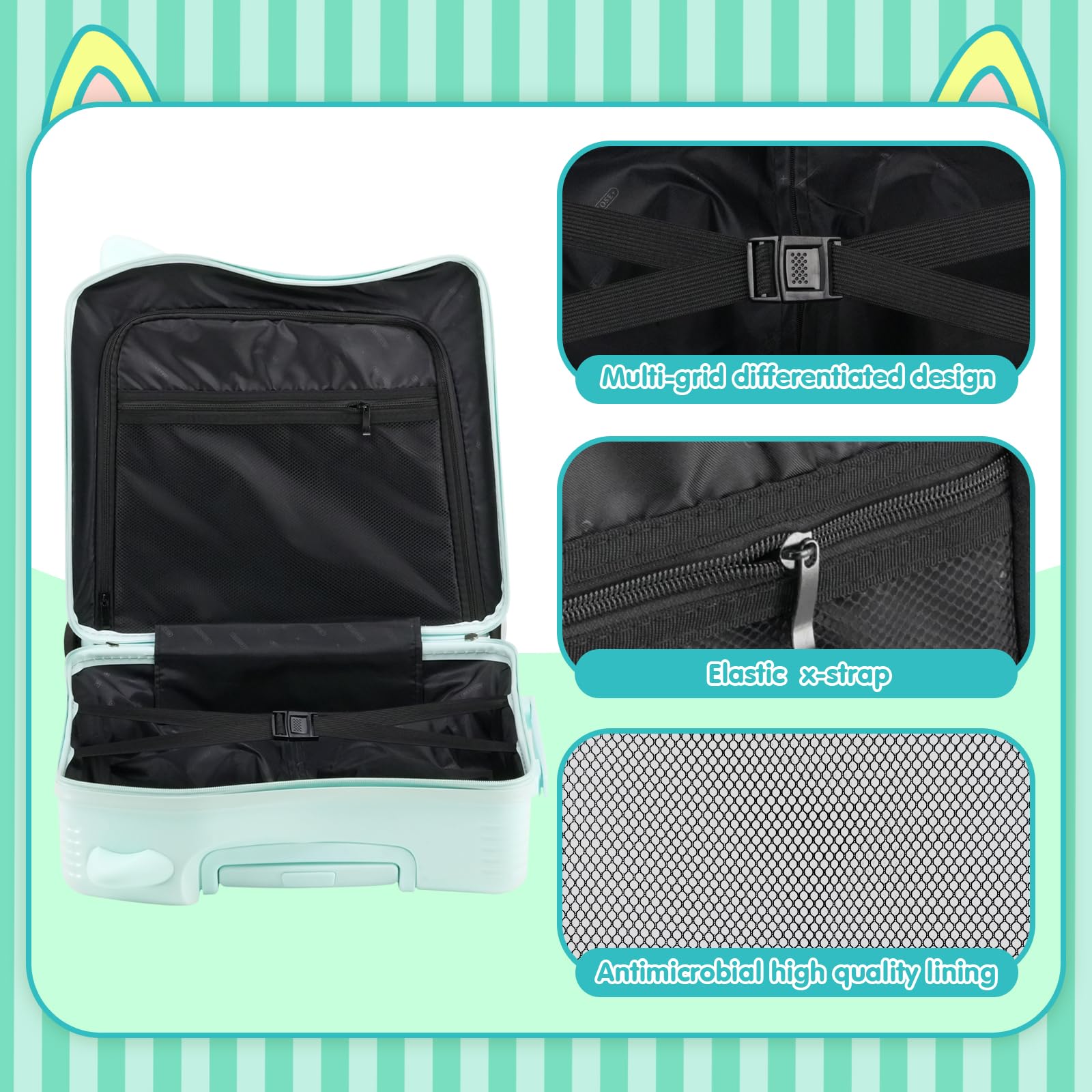 20 Inch Kids Ride-On Travel Suitcase with Spinner Wheels & Combination Lock - Cute Ear Toddler Carry-On Luggage for Boys & Girls (Green) | Perfect for Airplane Travel, Family Vacations & School Trips