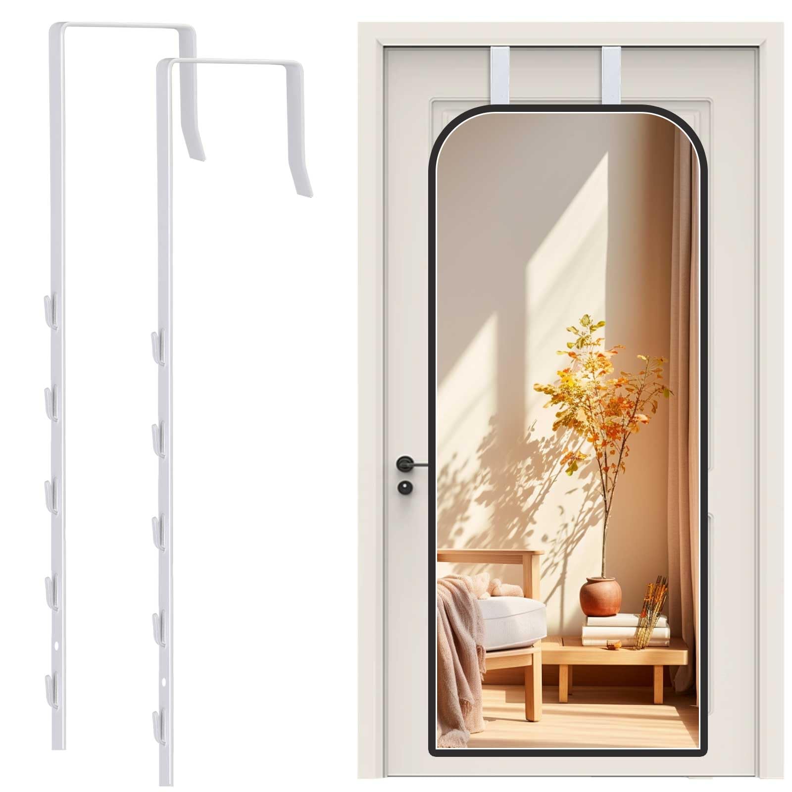 Adjustable Over-The-Door Mirror Hanger Set with Protective Lining - 2 White Door Mirror Hooks for Perfect Height & Fit (Mirror Not Included) - Ideal for Bedroom, Bathroom & Closet Organization