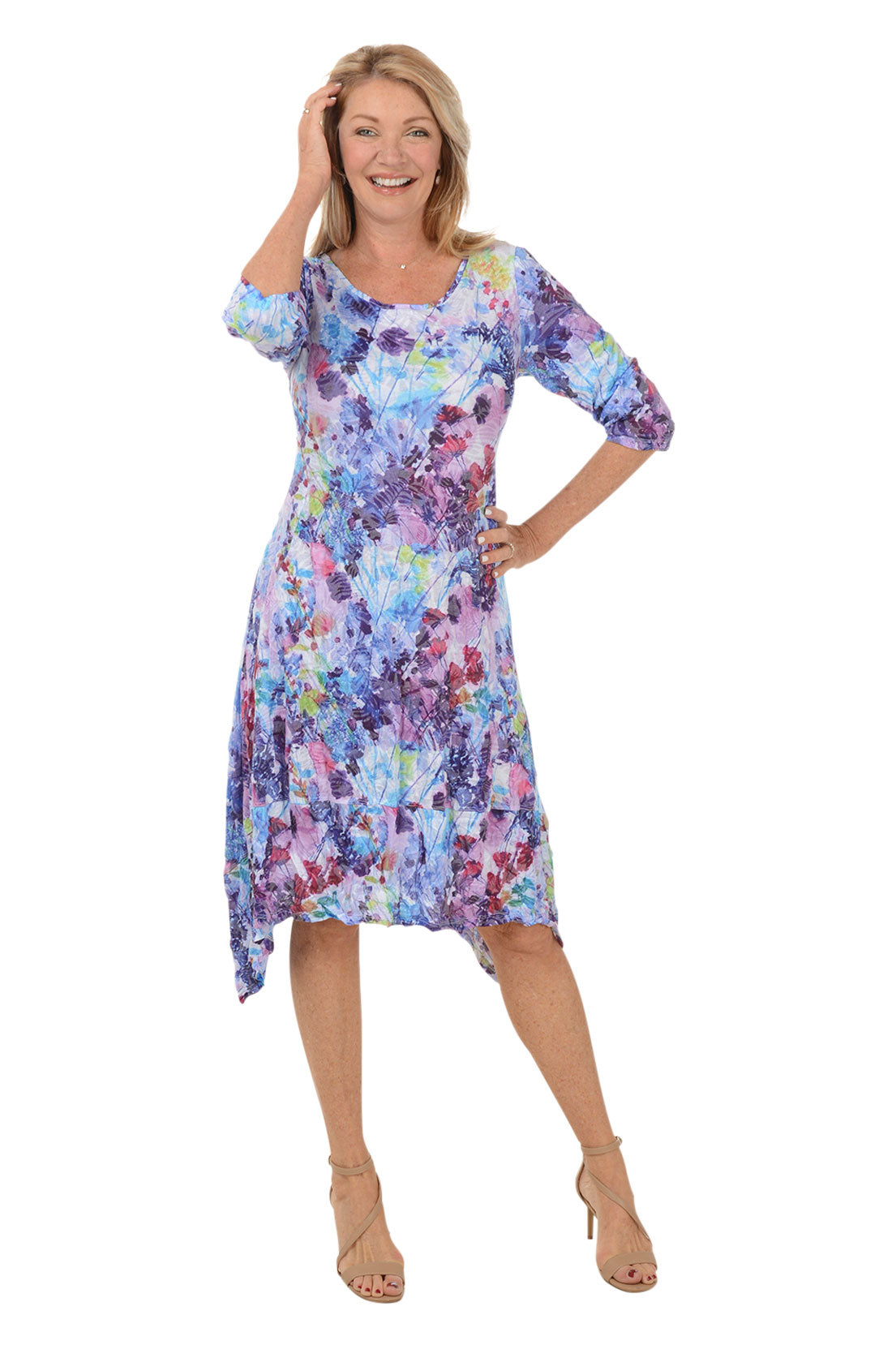 Purple Flower Shark Bite Crinkle Dress for Women - Summer Floral Print Party Dress - Perfect for Beach Vacations, Date Nights & Outdoor Events