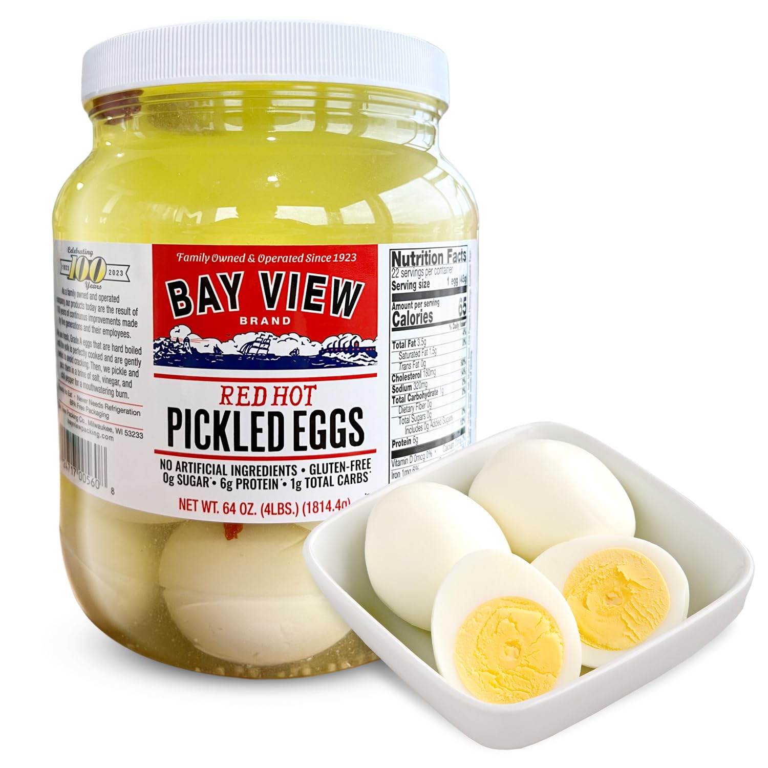 Bay View Pickled Eggs - All Natural, Gluten Free, 0g Sugar, 6g Protein - Fresh Grade A Eggs, Boiled & Peeled (64oz, Red Hot) - Perfect for Keto Diet, Snacks, Picnics & Party Platters