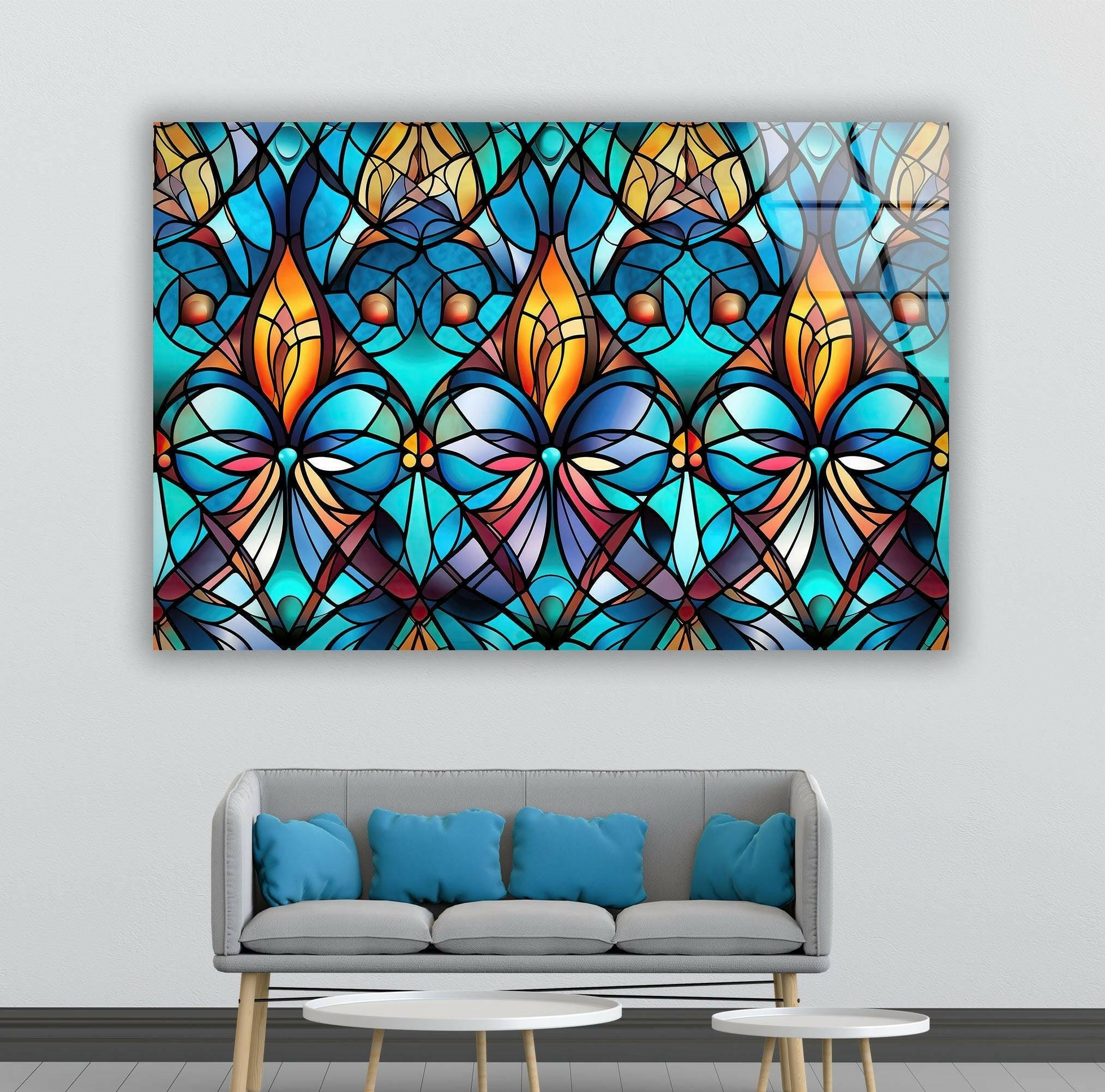 Handmade Blue Stained Glass Wall Art - Elegant Tiffany Style Window Panel Decor for Living Room, Bedroom & Church - Perfect for Home, Office & Wedding Decorations