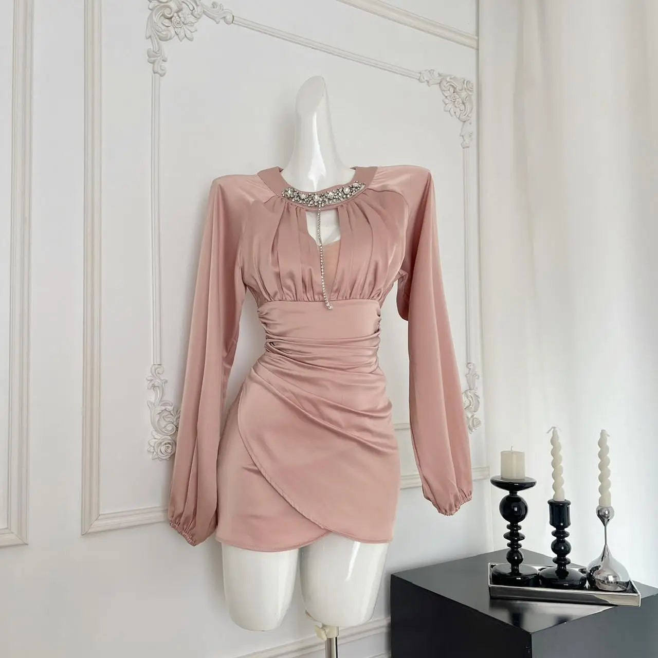 Pink Diamond Round Neck Hollow Out Mini Dress for Women - Elegant French High Waist Wrap Party Dress with Pleated Skirt | Perfect for Cocktail Parties, Date Nights & Special Occasions