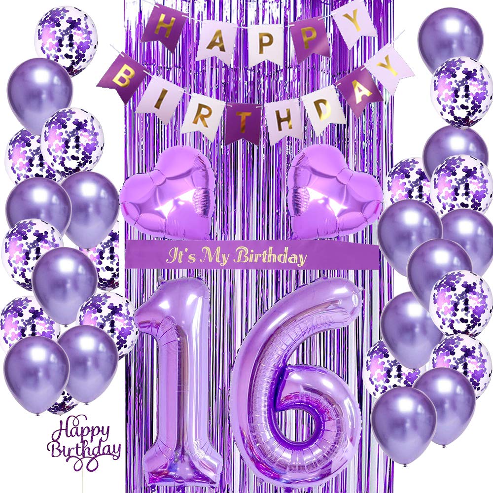 16th Birthday Party Decorations for Girls - Purple Balloon Garland, Birthday Sash, Cake Topper & Banner Set | Sweet 16 Decorations for Teen Girls Birthday Party, Photo Booth & Celebration Decor