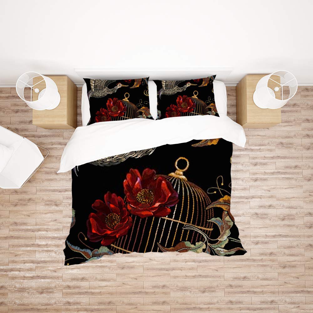 Kuizee King Size Bedding Set - Asian Crane Birds & Golden Cage Duvet Cover, Ethnic Decorative Design, Ultra Soft & Breathable, Durable Comfort for Home Decor | Perfect for Master Bedroom, Guest Room & Luxury Hotel Style