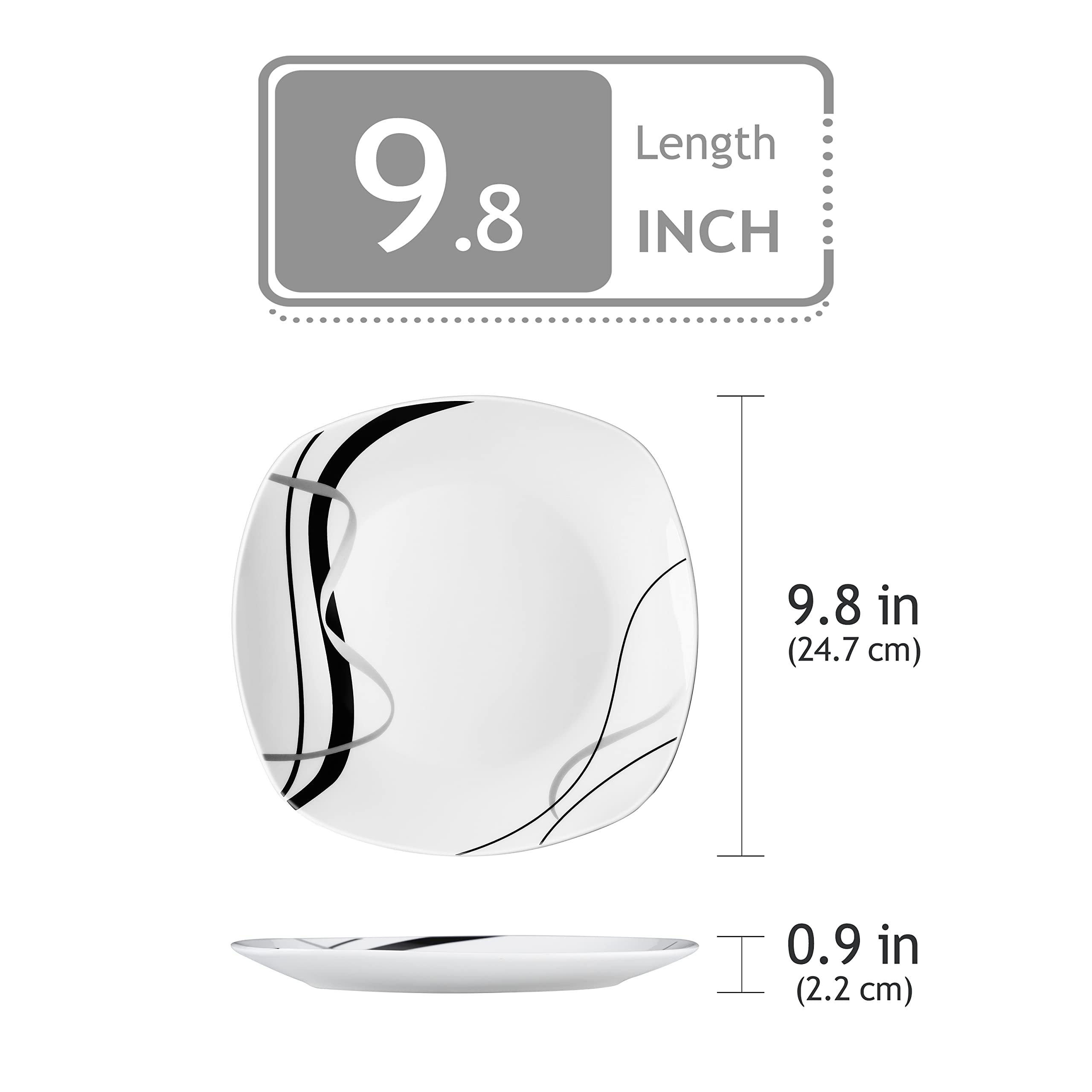 VEWEET 9.8 Inch Square Ceramic Dinner Plates Set of 6 - Microwave & Dishwasher Safe Porcelain Dishes for Salad, Pasta, Appetizers - Elegant Fiona Series for Home Dining, Parties & Restaurants