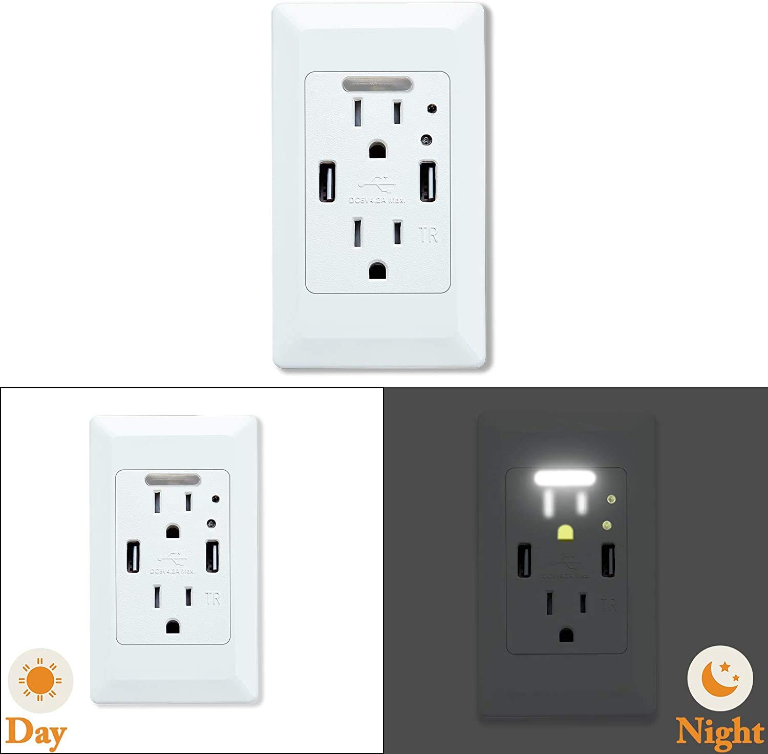 10 Pack USB Wall Outlet with Night Light - 2 USB Ports (4.2A) & 2 AC Outlets (15A Tamper Resistant) - White Electrical Socket with LED Auto Night Light - Perfect for Bedrooms, Hallways, and Home Office Charging Stations