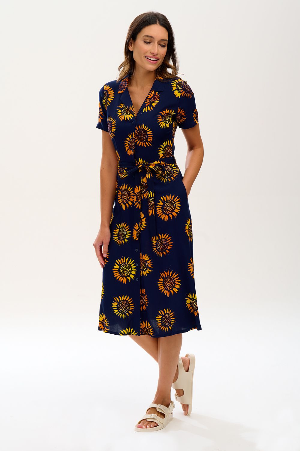 Fiona Batik Midi Shirt Dress - Navy Blue with Sunflower Print | Flowy Women's Casual Summer Dress for Beach, Vacation & Boho Style Outfits