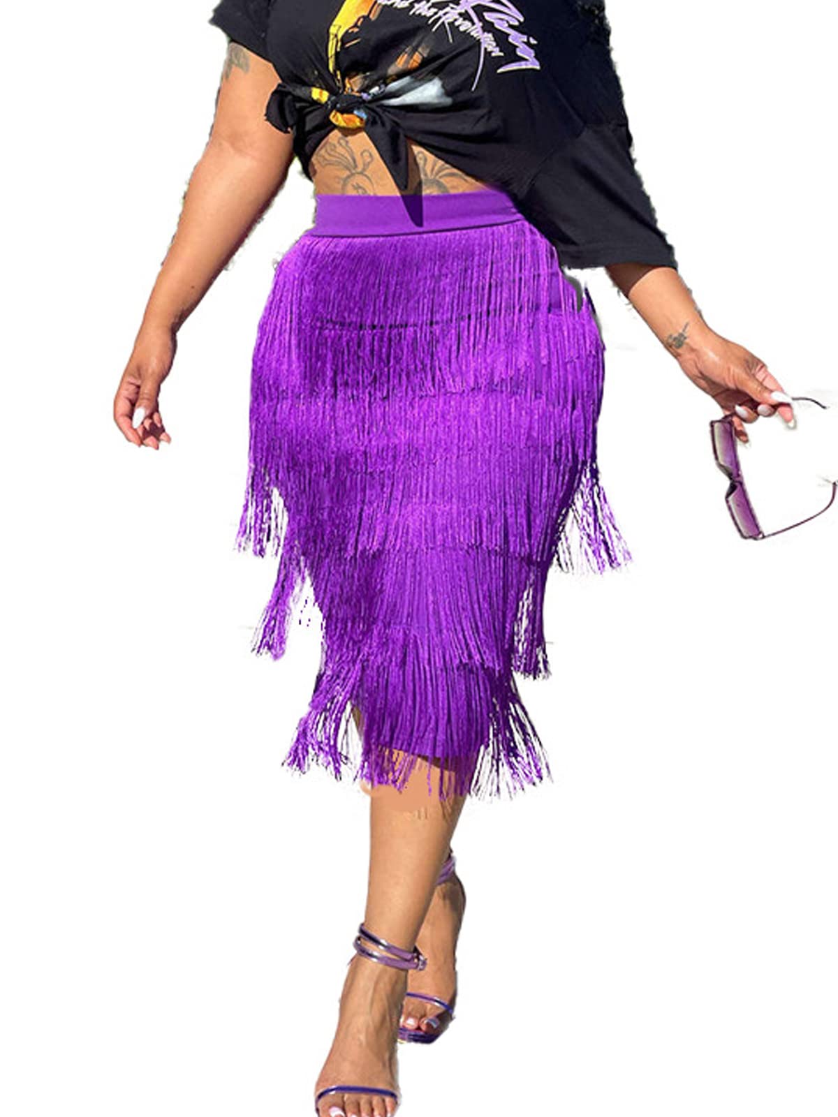 SCORP Women's High Waist Fringe Tiered Bodycon Pencil Midi Skirt - Sexy Tassel Dance Skirt for Latin, Salsa & Nightclub Outfits | Perfect for Parties, Date Nights & Performances