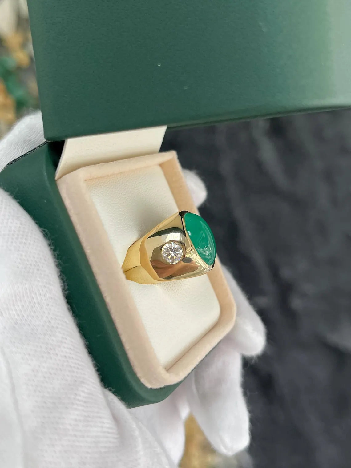 6.49 Carat Natural Emerald Cabochon Diamond Accent Three Stone Ring for Women - Elegant Wedding, Engagement & Anniversary Jewelry Gift