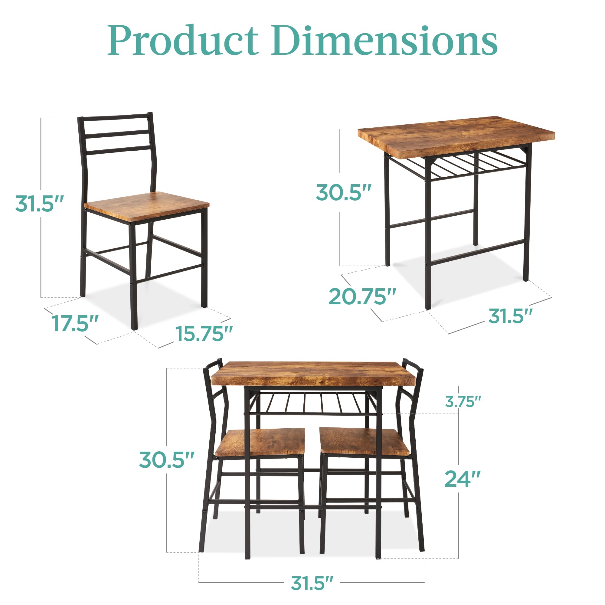 Best Choice Products 3-Piece Modern Dining Set with Steel Frame & Built-in Storage - Space Saving Kitchen Dinette for Small Apartments, Breakfast Nooks & Compact Dining Rooms (Brown) - Perfect for Studio Living, Tiny Homes & Cozy Dining Spaces
