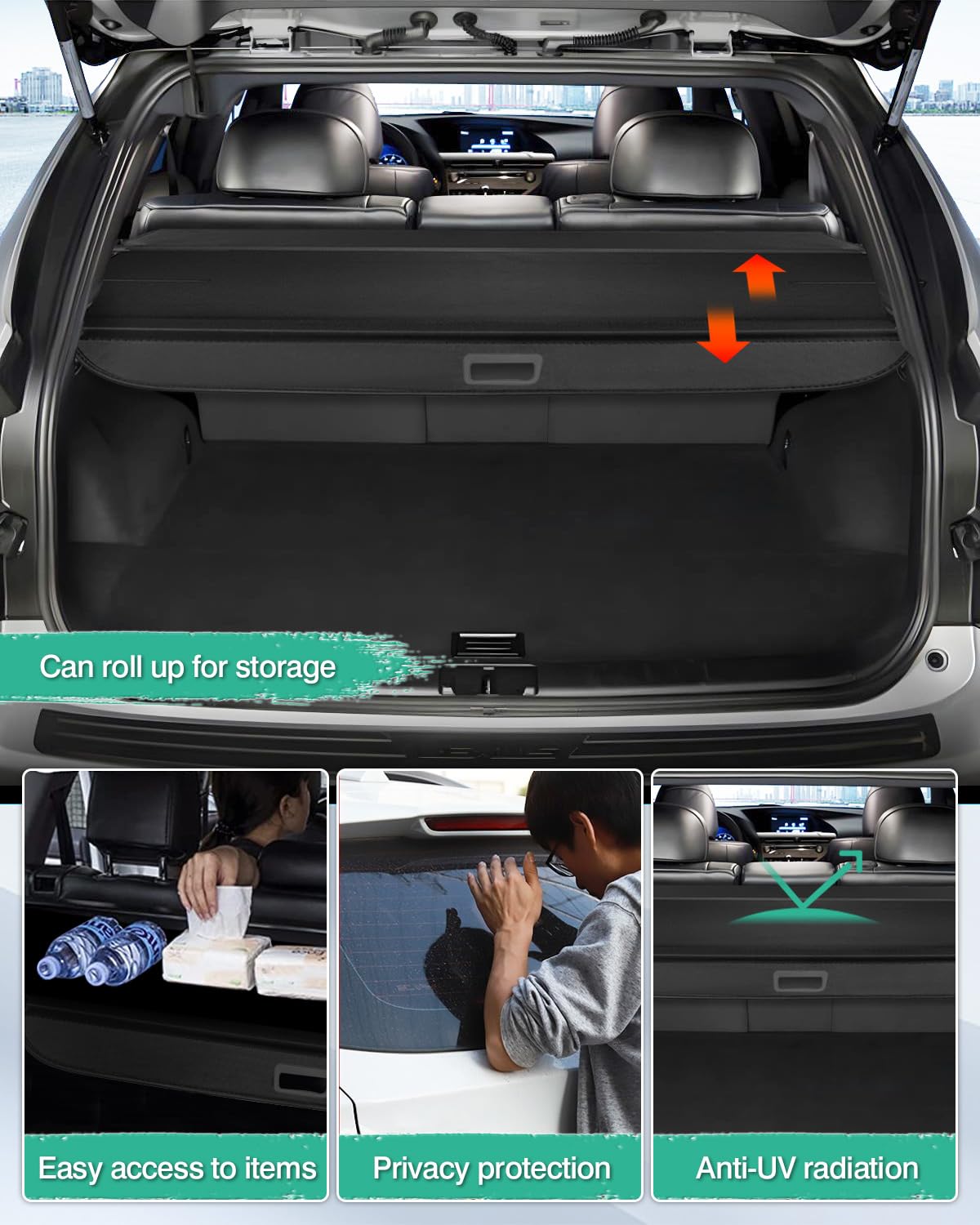 Powerty Retractable Cargo Cover for 2010-2015 Lexus RX270 RX350 RX450H - Trunk Shade Protector, No Gap Luggage Cover - Perfect for Road Trips, Grocery Hauling & Pet Transport