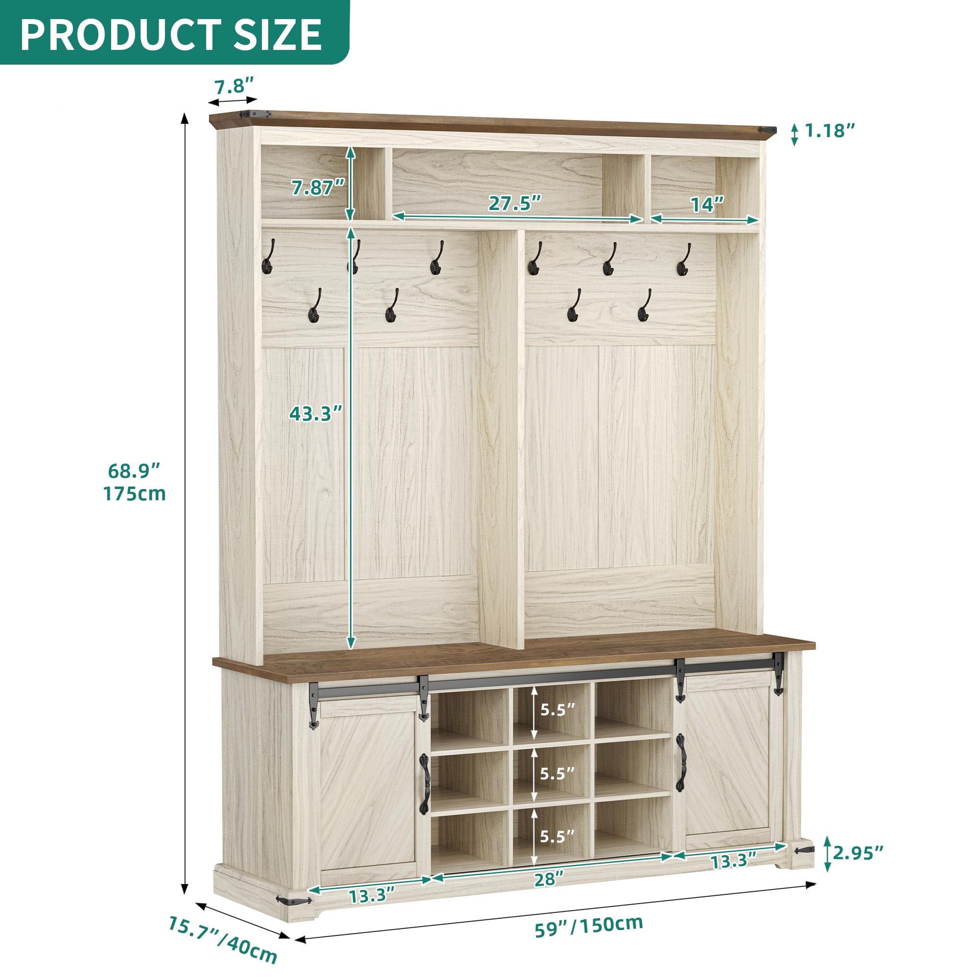 YITAHOME Farmhouse Entryway Bench with Coat Rack, Shoe Storage & 10 Hooks - Rustic Hall Tree Organizer with Sliding Barn Doors & 13 Shoe Compartments - Perfect for Mudroom, Foyer & Small Space Entryway Organization