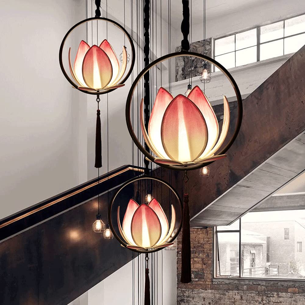 Modern LED Chandelier Lamp - Chinese Style Cloth Pendant Light with Black Frame for Hotel & Restaurant Decor | Lotus Hanging Lights for Living Room, Bedroom & Dining Room Ceiling Lighting