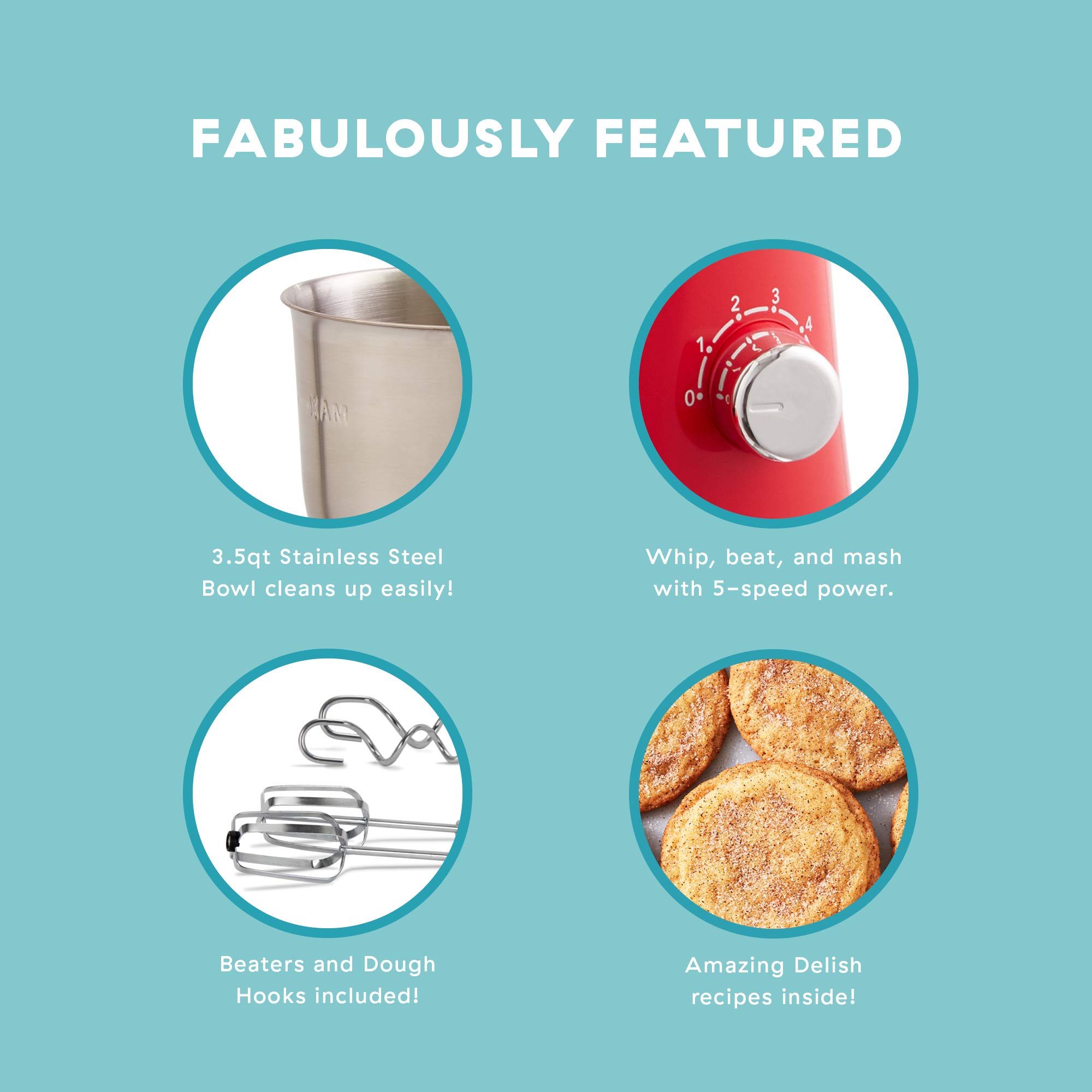 DASH Delish Compact Stand Mixer, 3.5 Quart - Includes Beaters & Dough Hooks, Powerful Electric Hand Mixer for Baking - Perfect for Cakes, Cookies, Bread & Dough - Red (Great for Home Bakers & Small Kitchens)