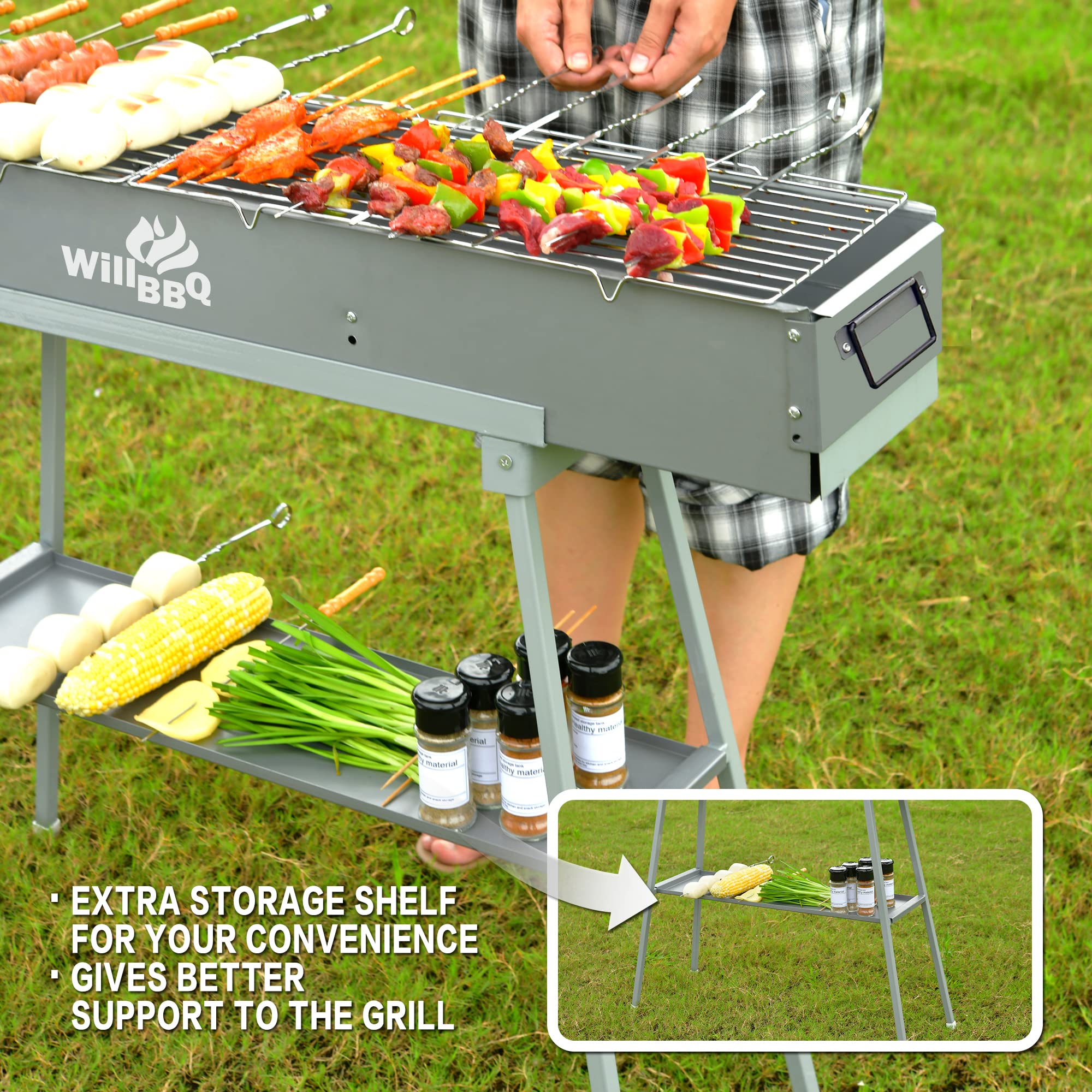 Premium Portable Charcoal Grill - Commercial Quality Hibachi BBQ for Lamb Skewers, Camping & Backyard Cooking - Foldable Design (31.6x10.3x5.1 Inch) - Perfect for Garden Parties, Picnics, Travel & Outdoor Adventures