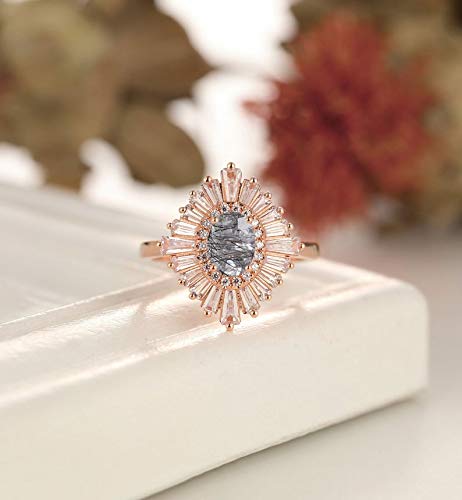 Natural Black Rutilated Quartz Engagement Ring - Rose Gold Prong Wedding Band for Women, Dainty Bridal Ring, Sterling Silver Anniversary & Birthday Gift, Handmade Jewelry (Perfect for Proposals, Weddings, Anniversaries & Special Occasions)