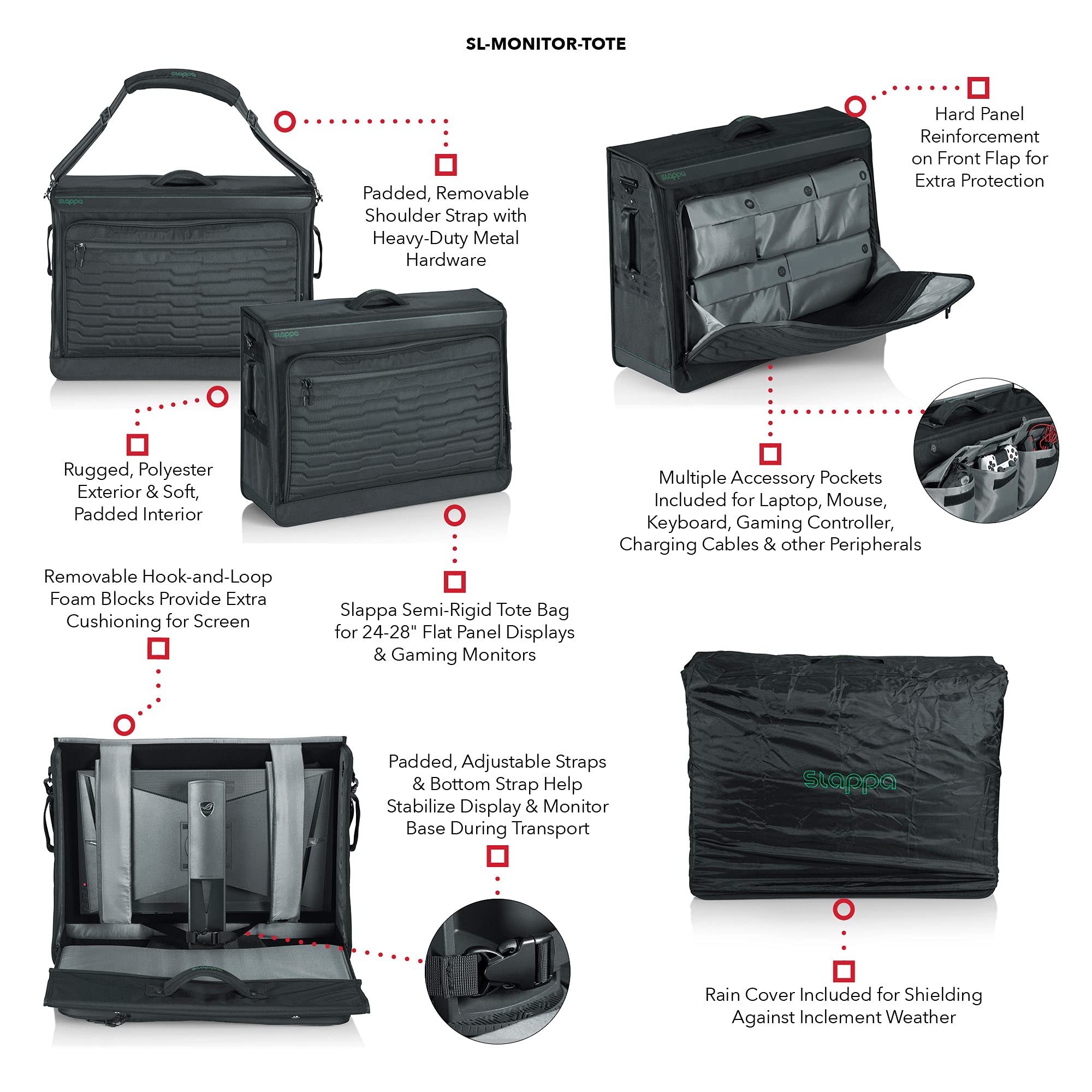 Slappa Gaming Monitor Tote Bag - Waterproof Zipper & Adjustable Shoulder Strap for 24-28 Inch Monitors (SL-MONITOR-TOTE) - Perfect for LAN Parties, Esports Events & Office Monitor Transport