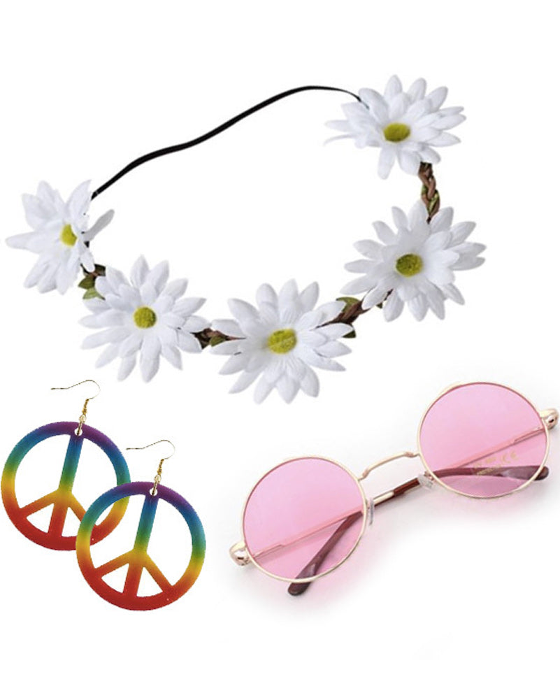 60s Daisy Delilah Hippie Kit - Vintage 60s Style Flower Headband, Sunglasses & Accessories for Music Festivals, Boho Parties & Retro Outfits
