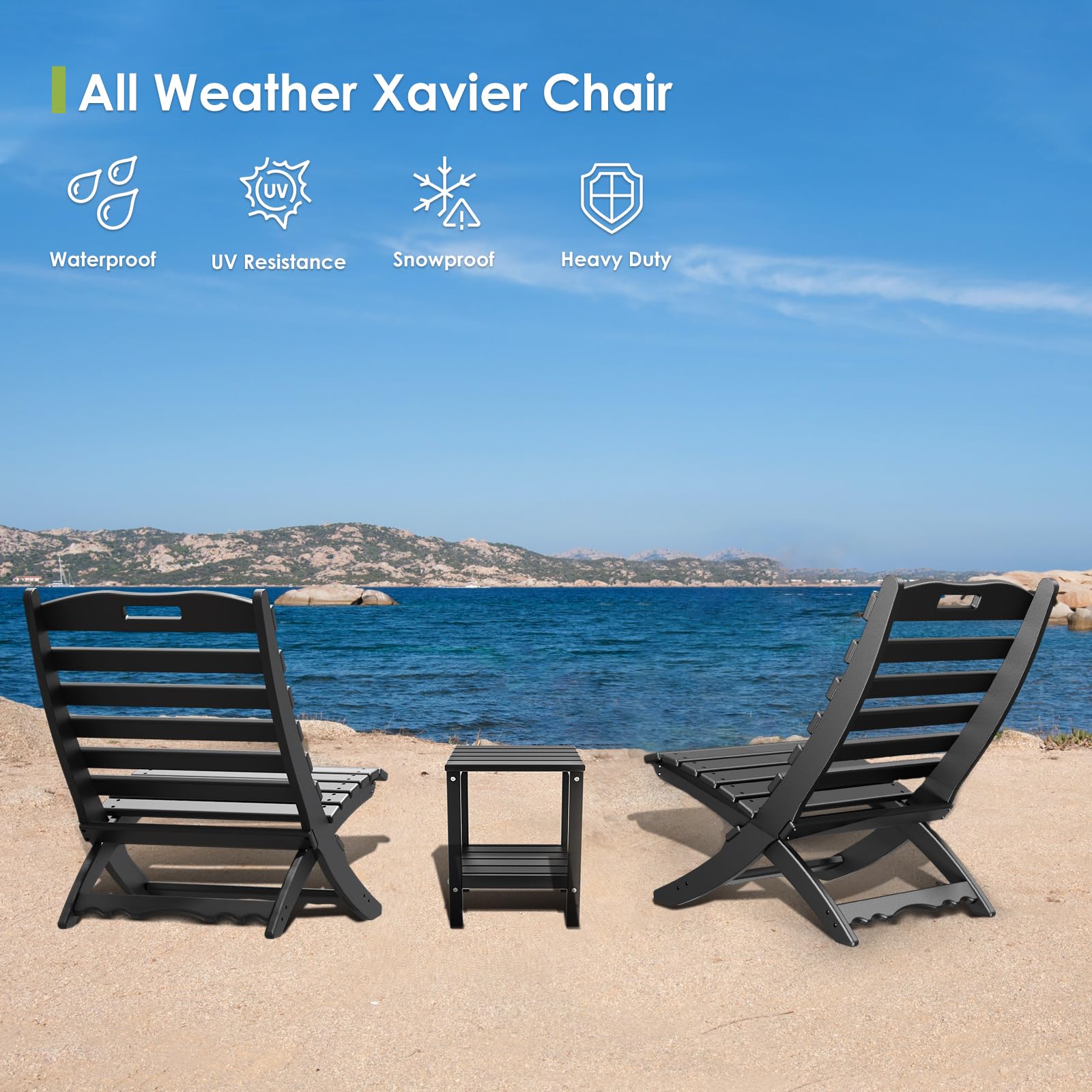 Folding Xavier Chair | Wave Design | Portable Adirondack Chair | HDPE Plastic All-Weather Outdoor Furniture | Fire Pit, Beach, Deck, Poolside, Garden, Patio, Porch & Fishing Chair | Black - Perfect for Backyard Relaxation, Camping Trips & Coastal Getaways