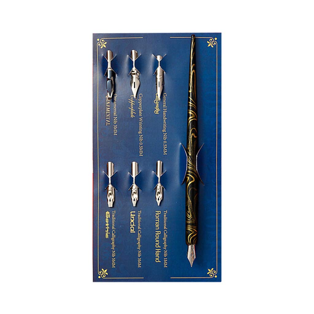 Premium Marble Wood Calligraphy Dip Pen Holder with 6 Nibs - Ideal for Manga, Lettering & Sketching - Black (Perfect for Artists, Beginners & Gift Giving)