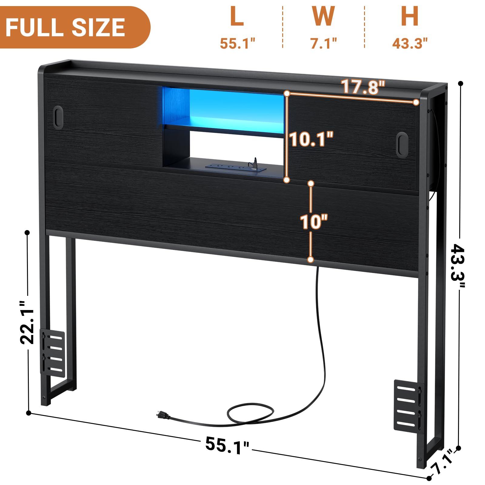 Homieasy Full Size Headboard with Storage - Sturdy Bookcase Design with Outlet, USB Ports & LED Lighting - Sliding Door Storage & Bed Adapter - Perfect for Small Bedrooms & Studio Apartments (Black)